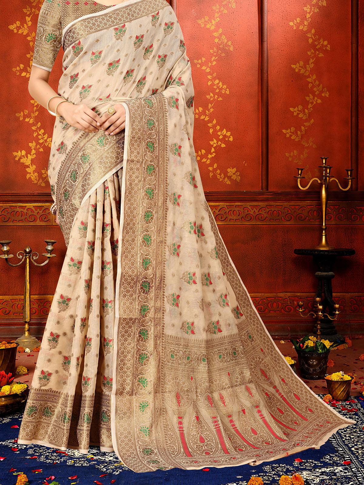 Women's Beige Soft Cotton Silk Heavy Copper Zari Meenakari Weave Designer Saree - Odette