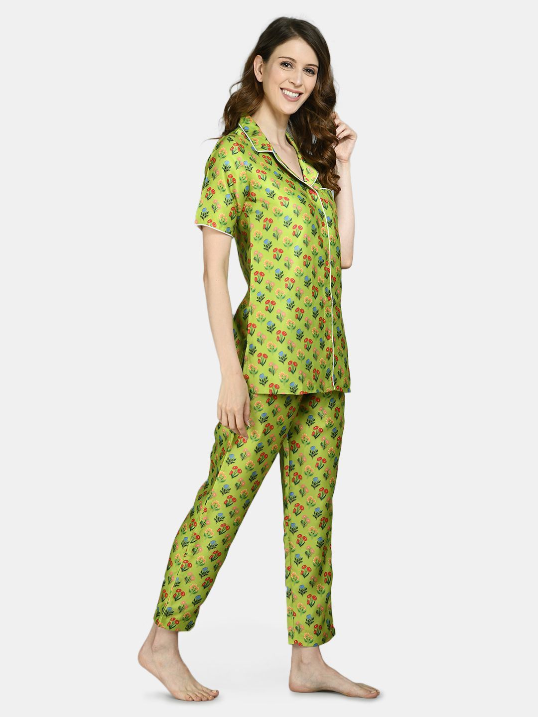 Women Green Printed Night Suit by Myshka (2 Pc Set)