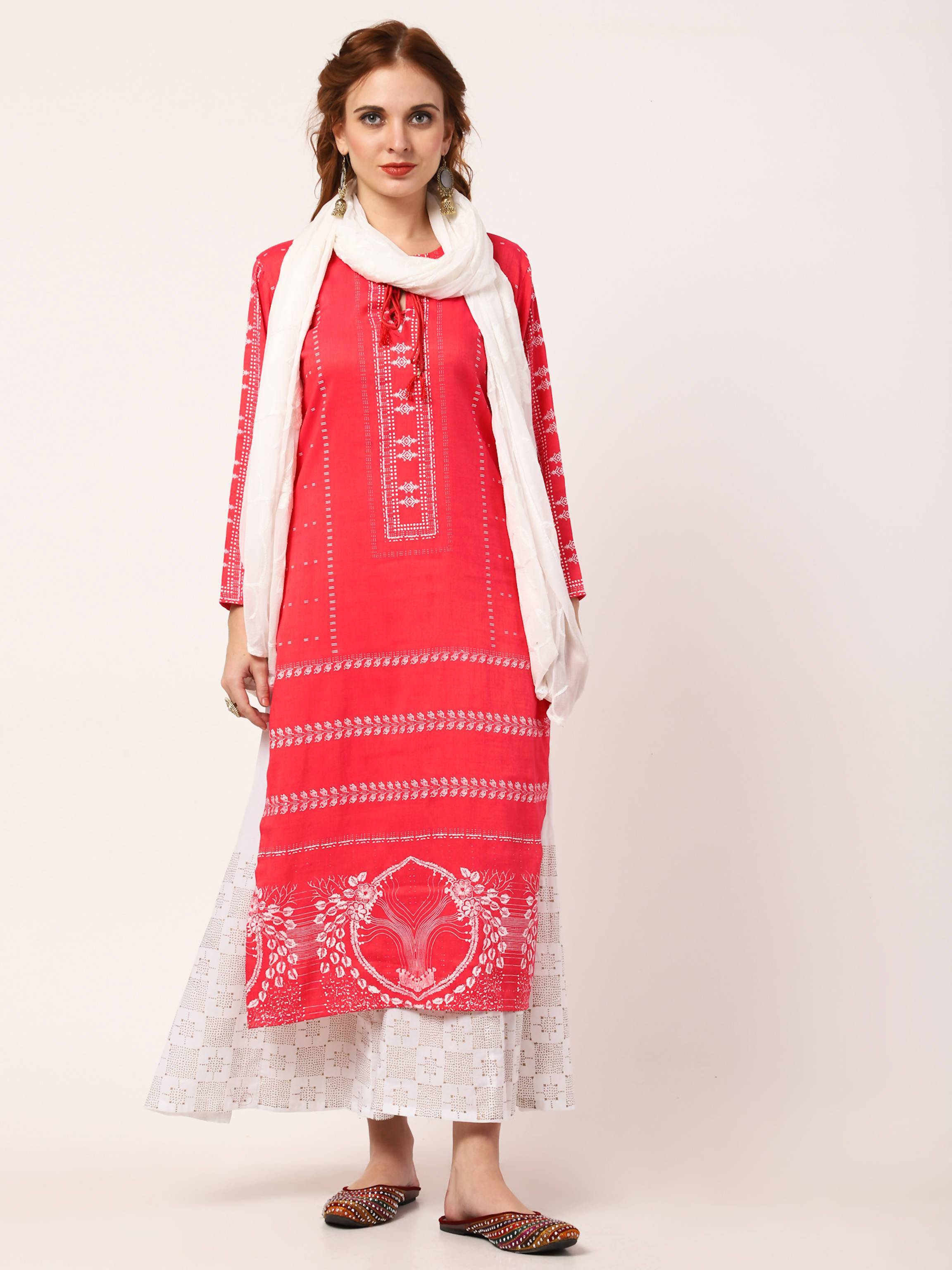 Women's White & Gajri Pink Viscose Rayon Printed Kurta Palazzo With Embroidered Dupatta Set - Cheera