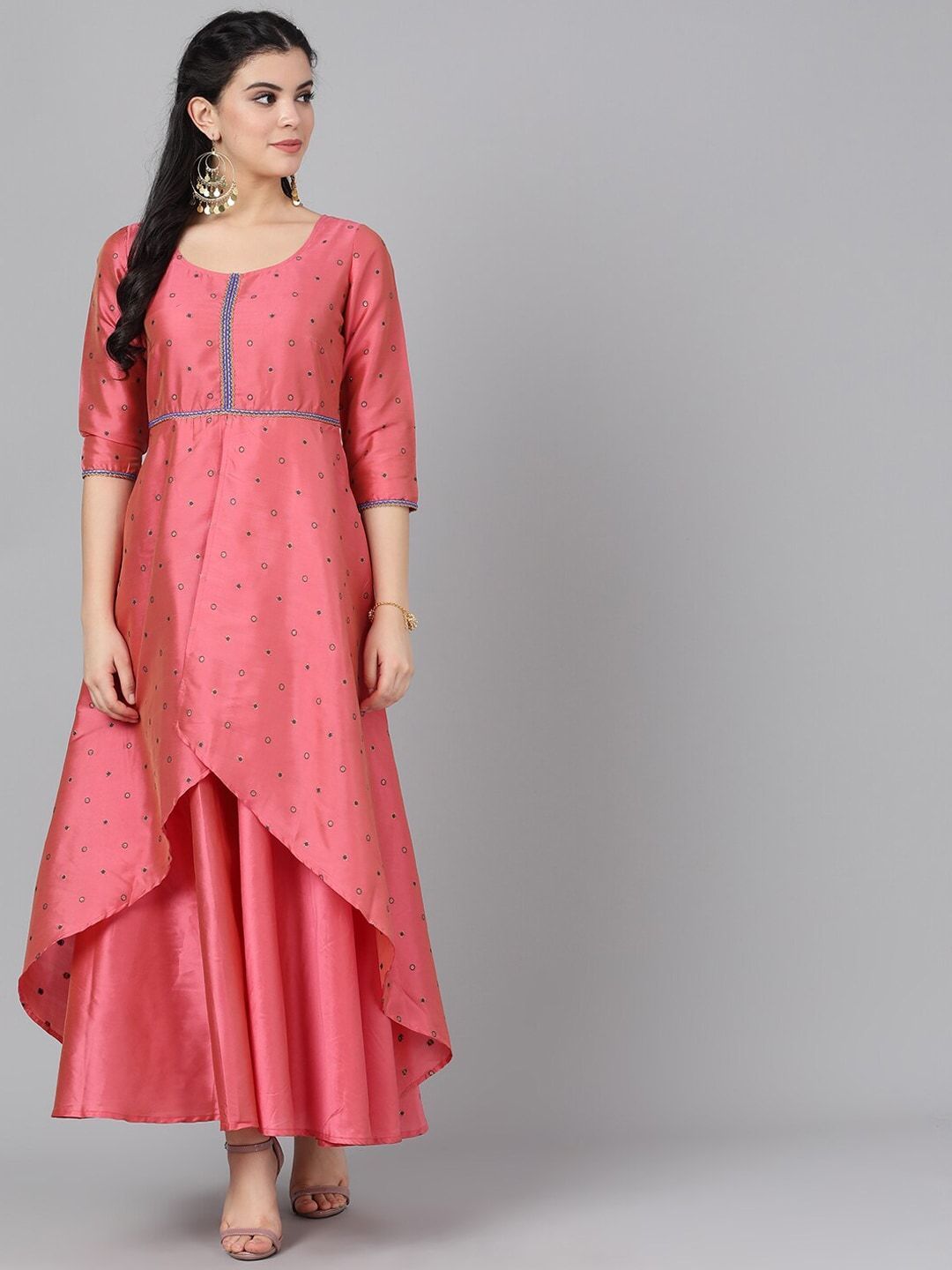 Women's  Pink Embroidered Layered Ethnic Maxi Dress - AKS