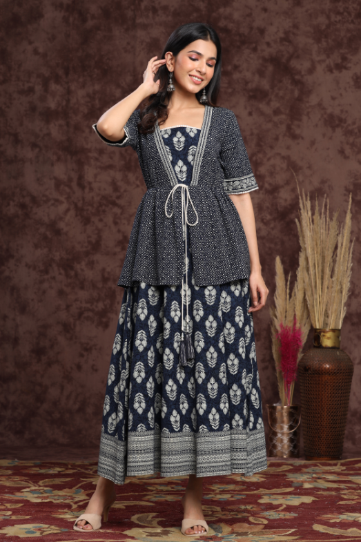 Women's Indigo Rayon Printed Layered Dress - Juniper