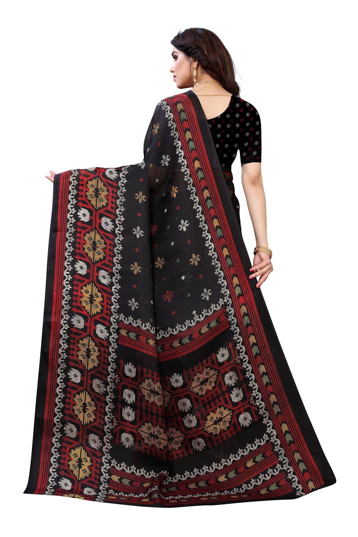 Women's Printed Jute Silk Black Saree - Vamika