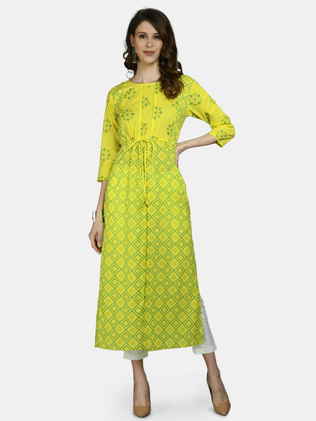 Women's Yellow Cotton Printed 3/4 Sleeve Round Neck Casual Kurta Pant Set - Myshka