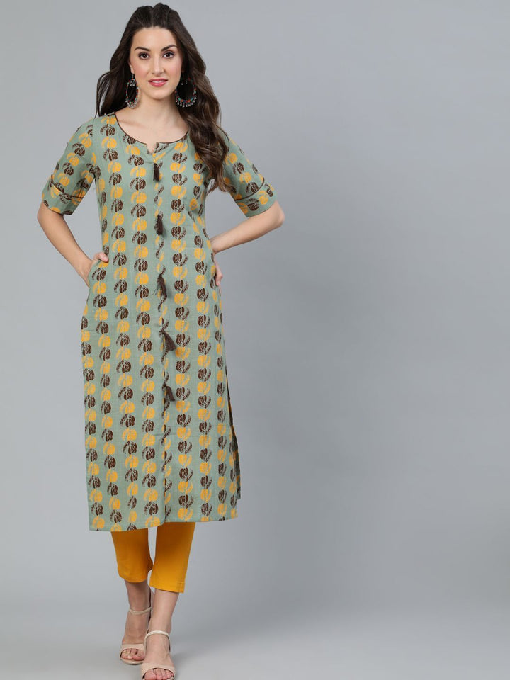 Women's Green & Brown Printed Straight Kurta