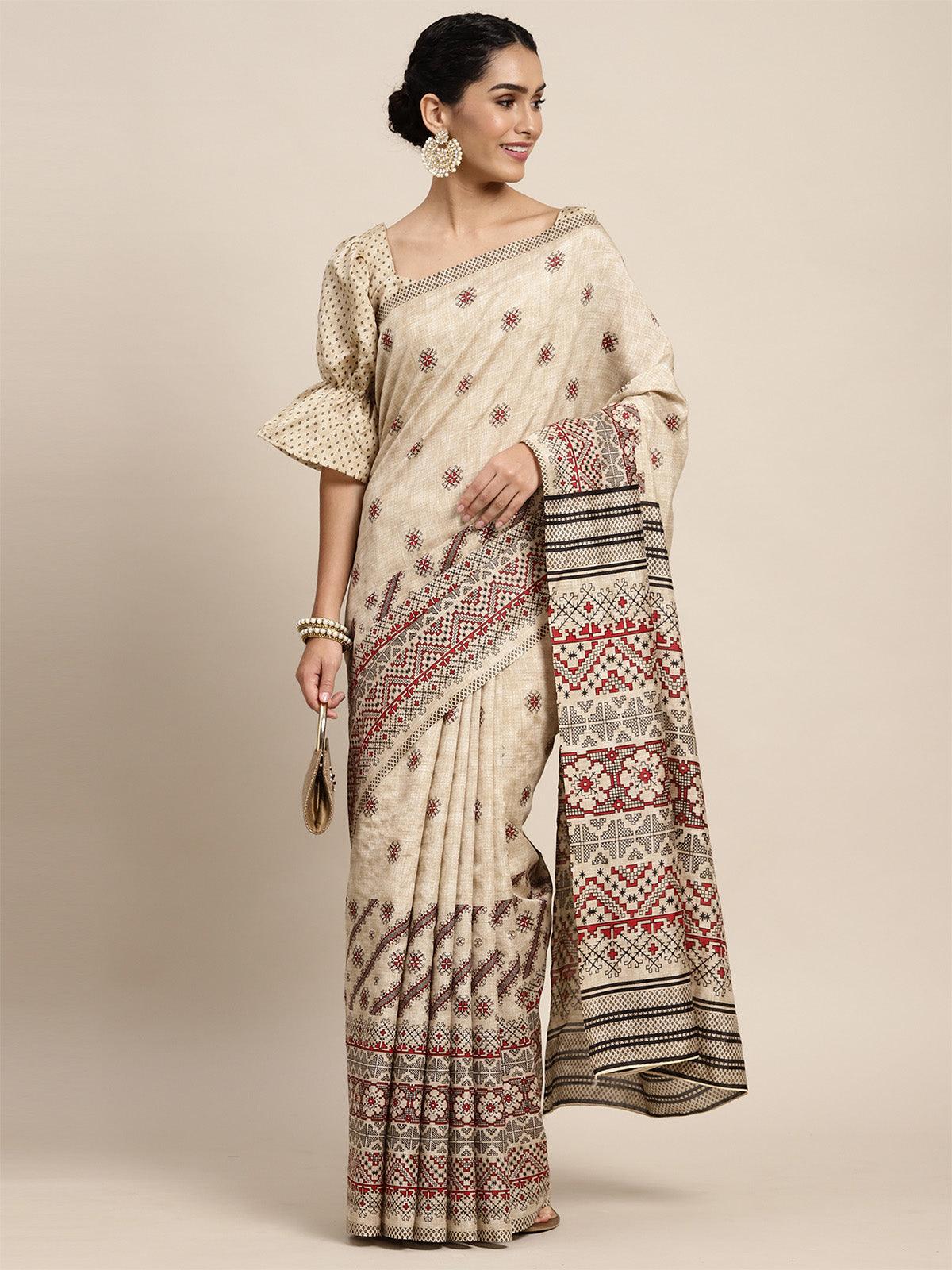 Women's Bhagalpuri Silk Beige Printed Saree With Blouse Piece - Odette
