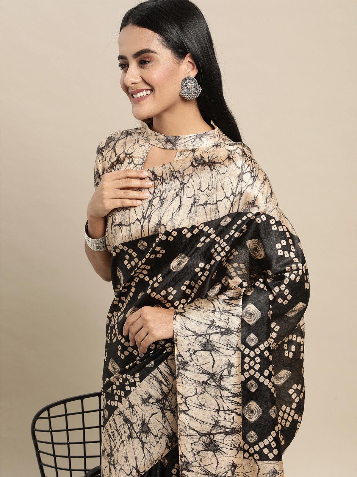 Women's Bhagalpuri Silk Black Printed Saree With Blouse Piece - Odette