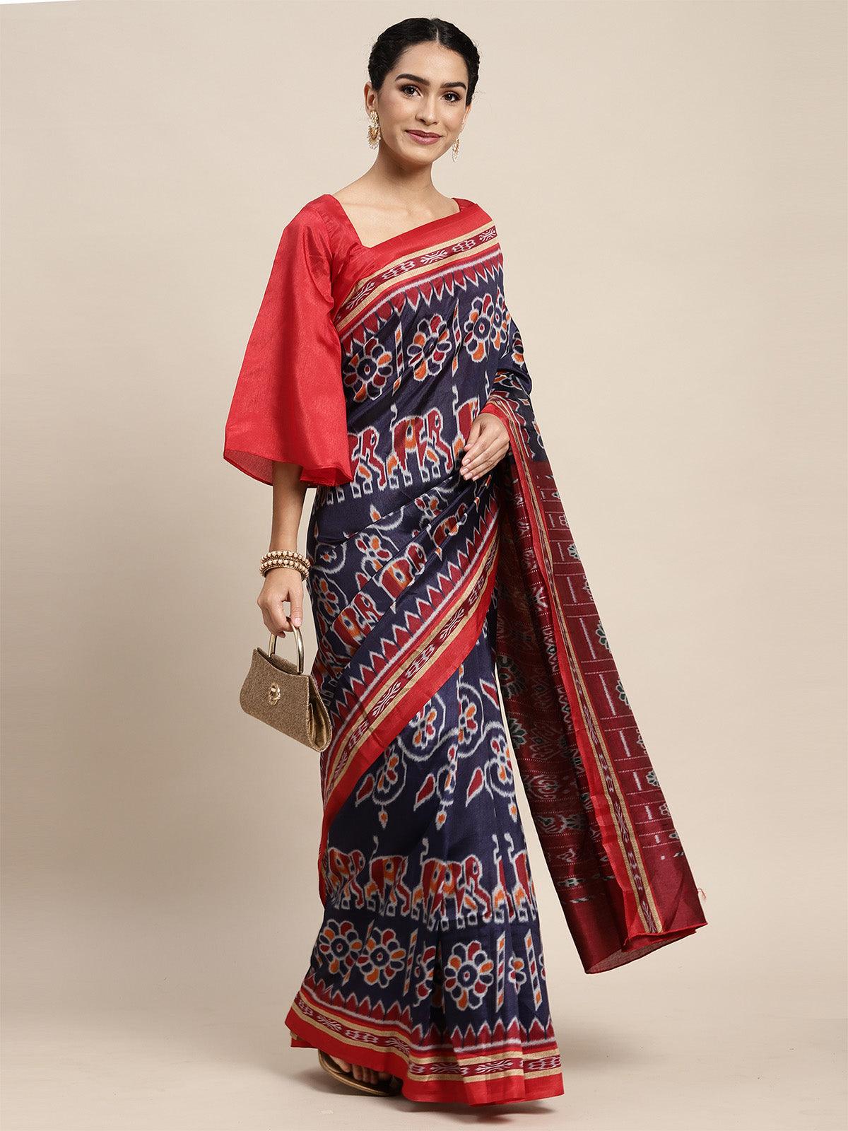 Women's Bhagalpuri Silk Blue Printed Saree With Blouse Piece - Odette