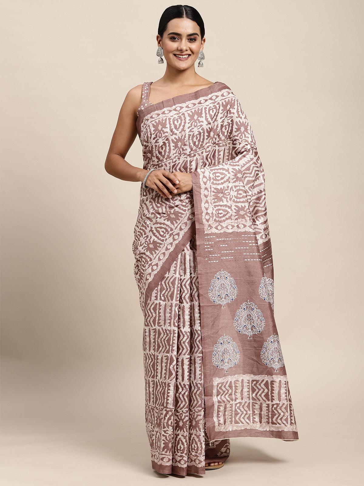 Women's Bhagalpuri Silk Brown Printed Saree With Blouse Piece - Odette
