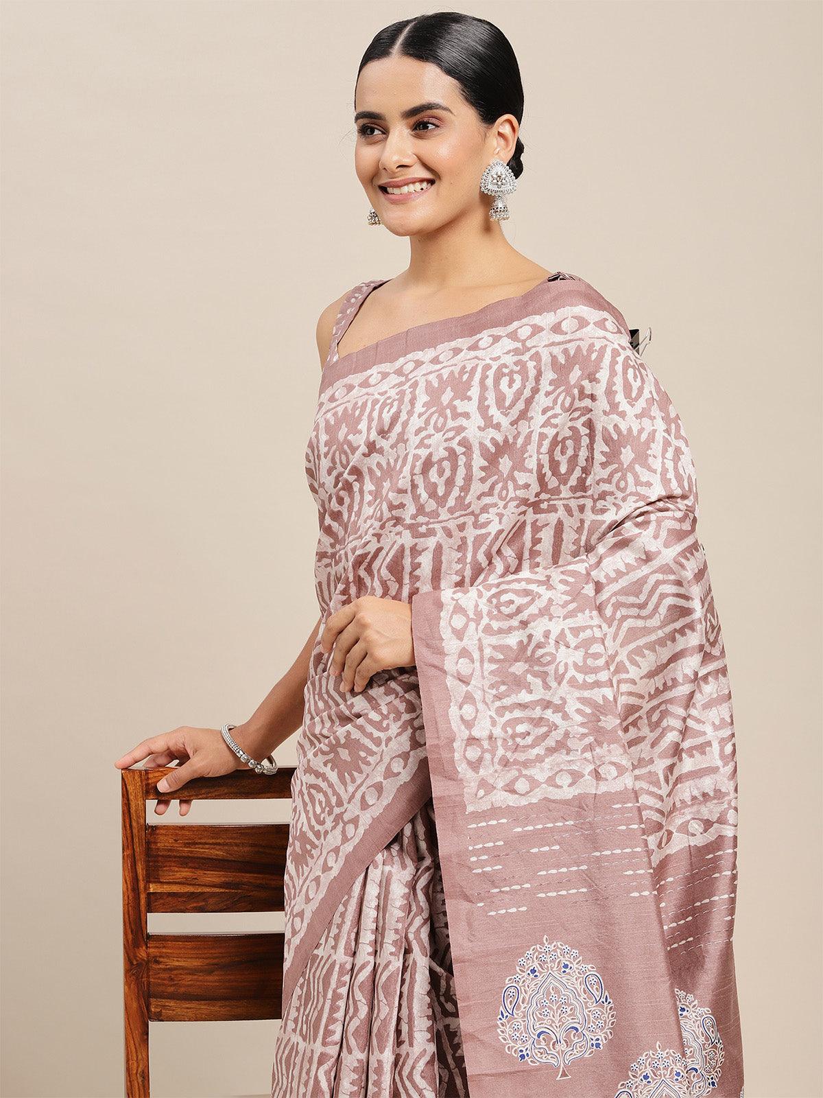 Women's Bhagalpuri Silk Brown Printed Saree With Blouse Piece - Odette