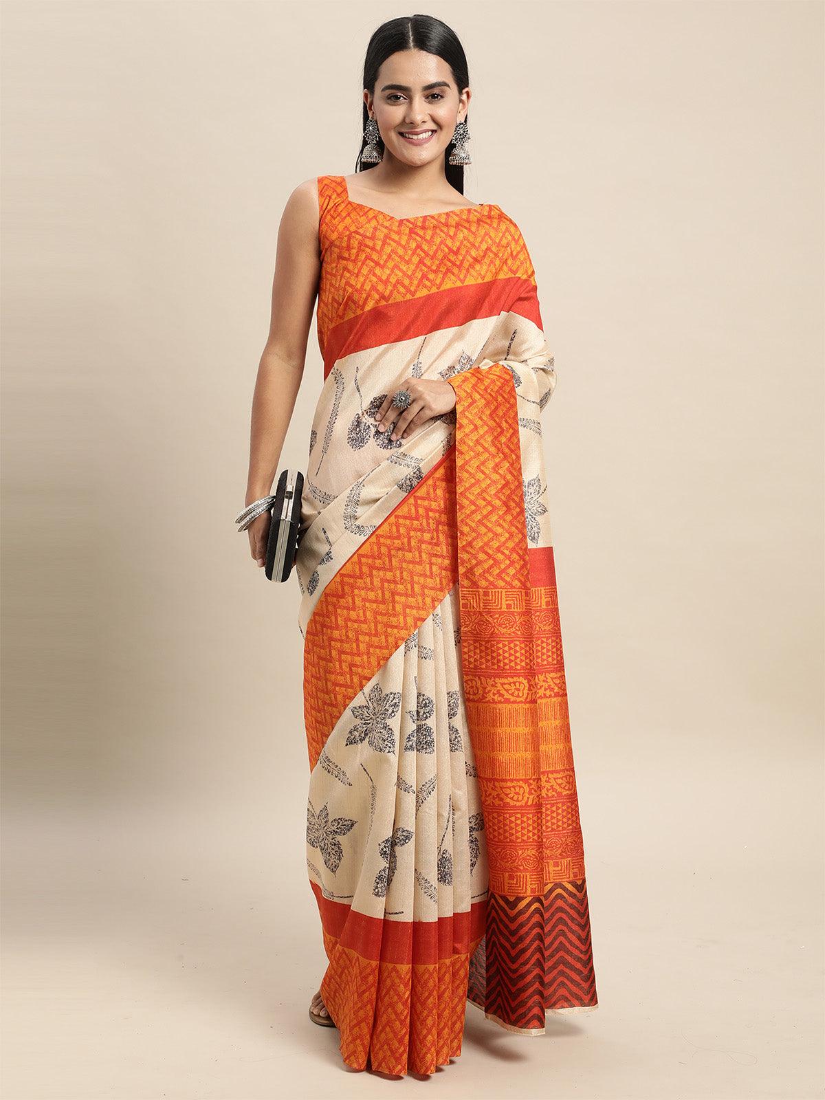 Women's Bhagalpuri Silk Cream Printed Saree With Blouse Piece - Odette