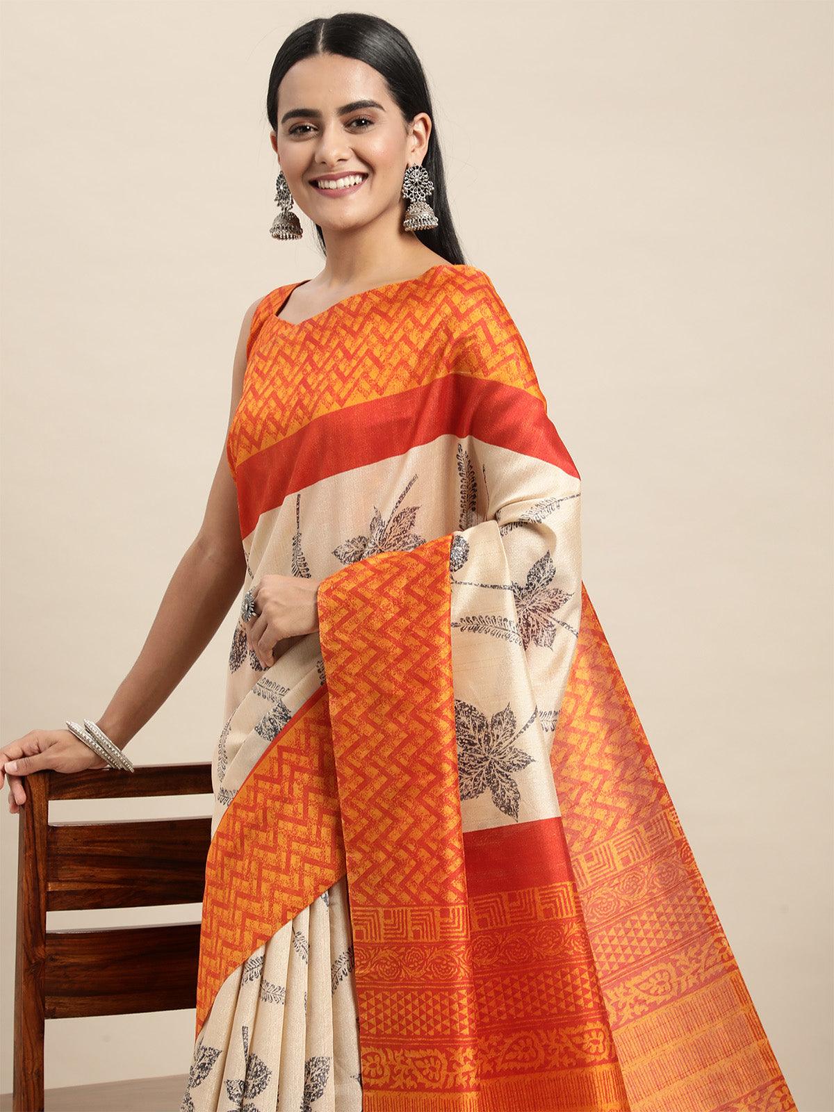 Women's Bhagalpuri Silk Cream Printed Saree With Blouse Piece - Odette