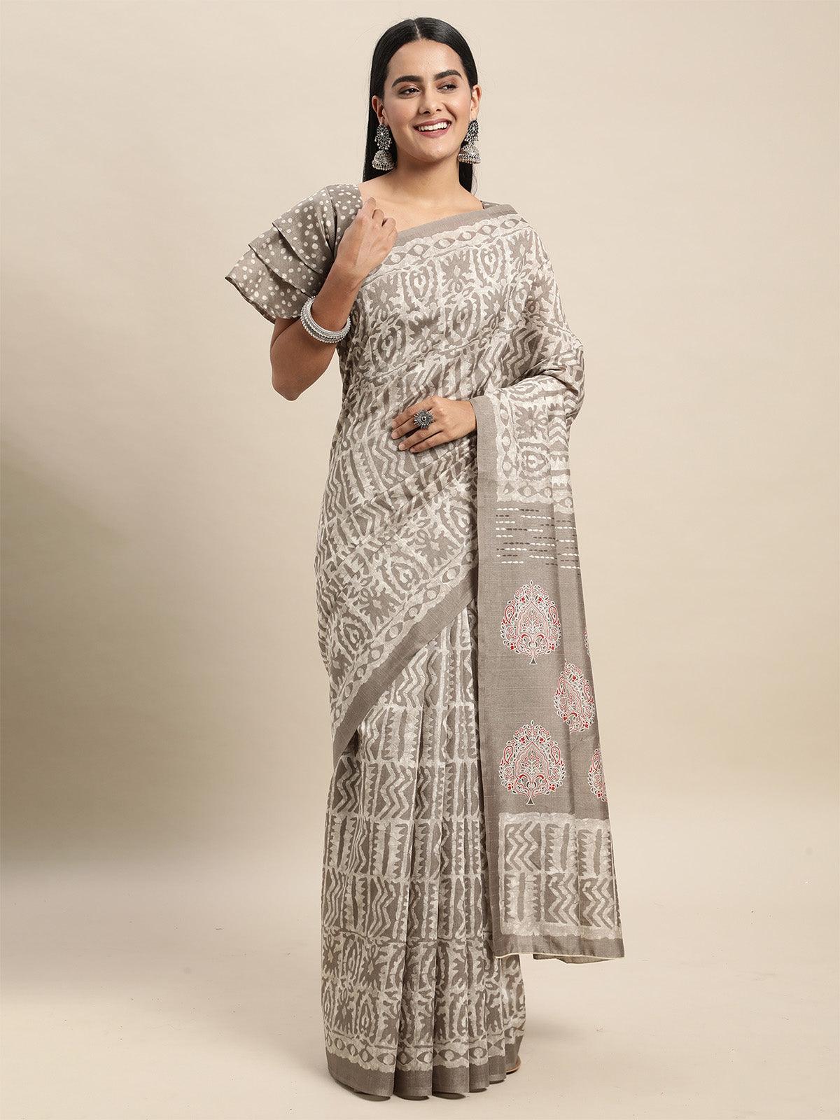 Women's Bhagalpuri Silk Grey Printed Saree With Blouse Piece - Odette