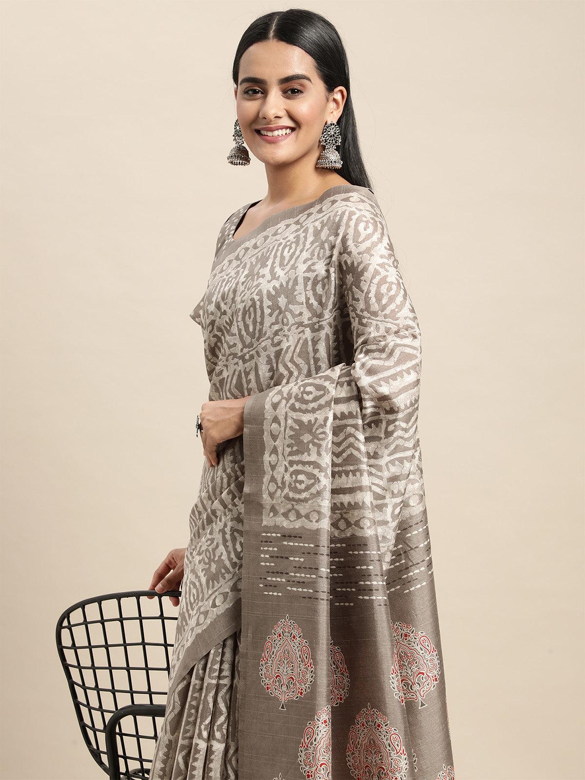 Women's Bhagalpuri Silk Grey Printed Saree With Blouse Piece - Odette