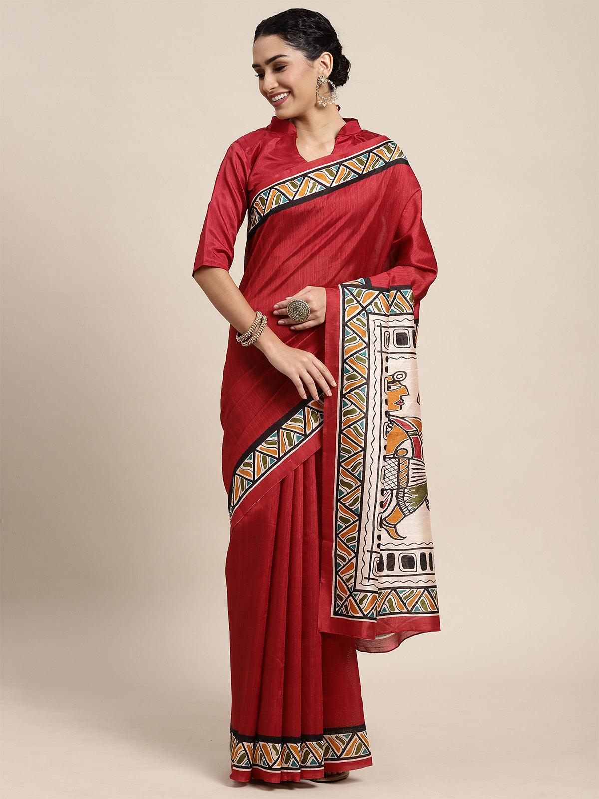 Women's Bhagalpuri Silk Maroon Printed Saree With Blouse Piece - Odette