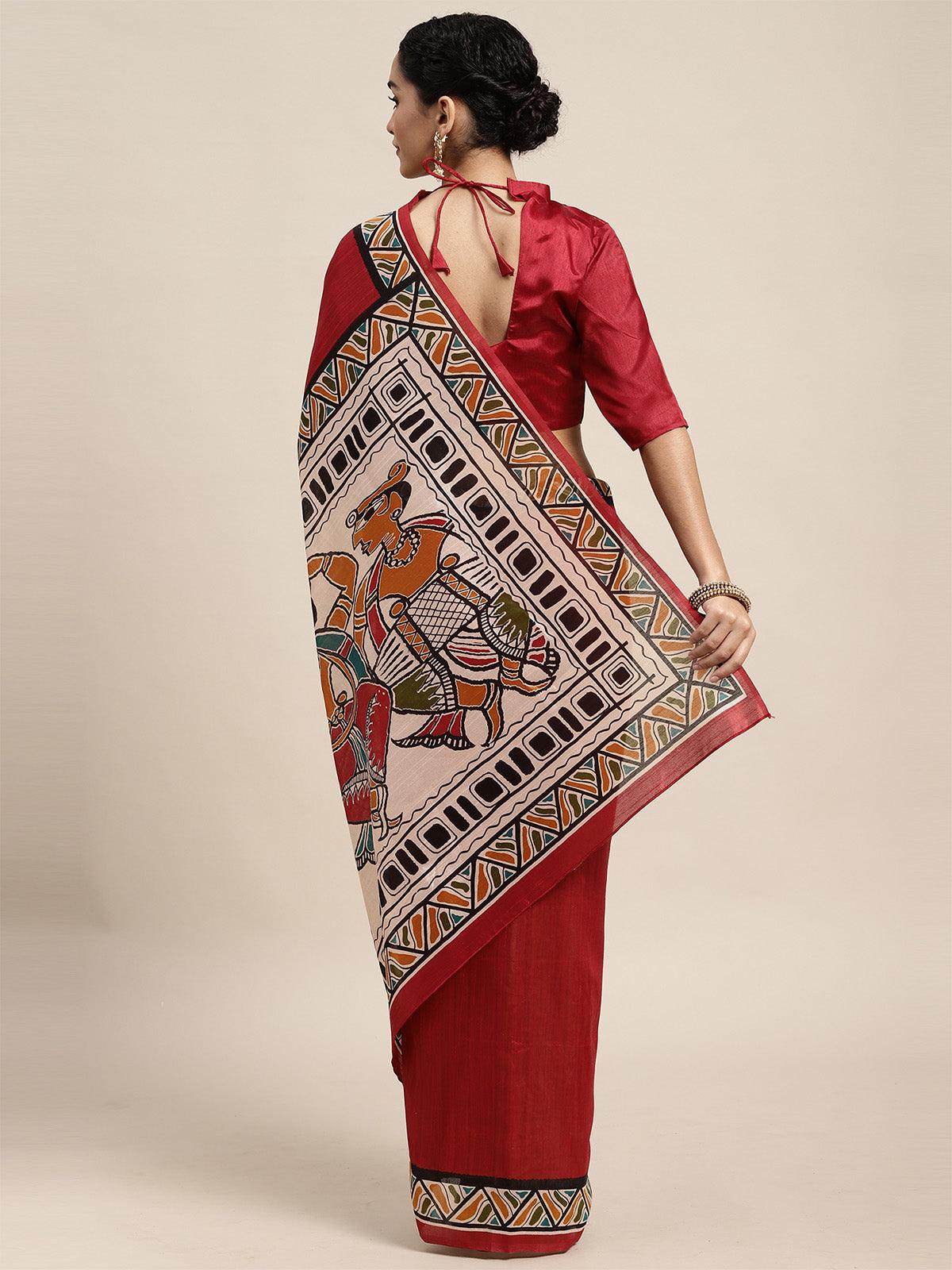 Women's Bhagalpuri Silk Maroon Printed Saree With Blouse Piece - Odette