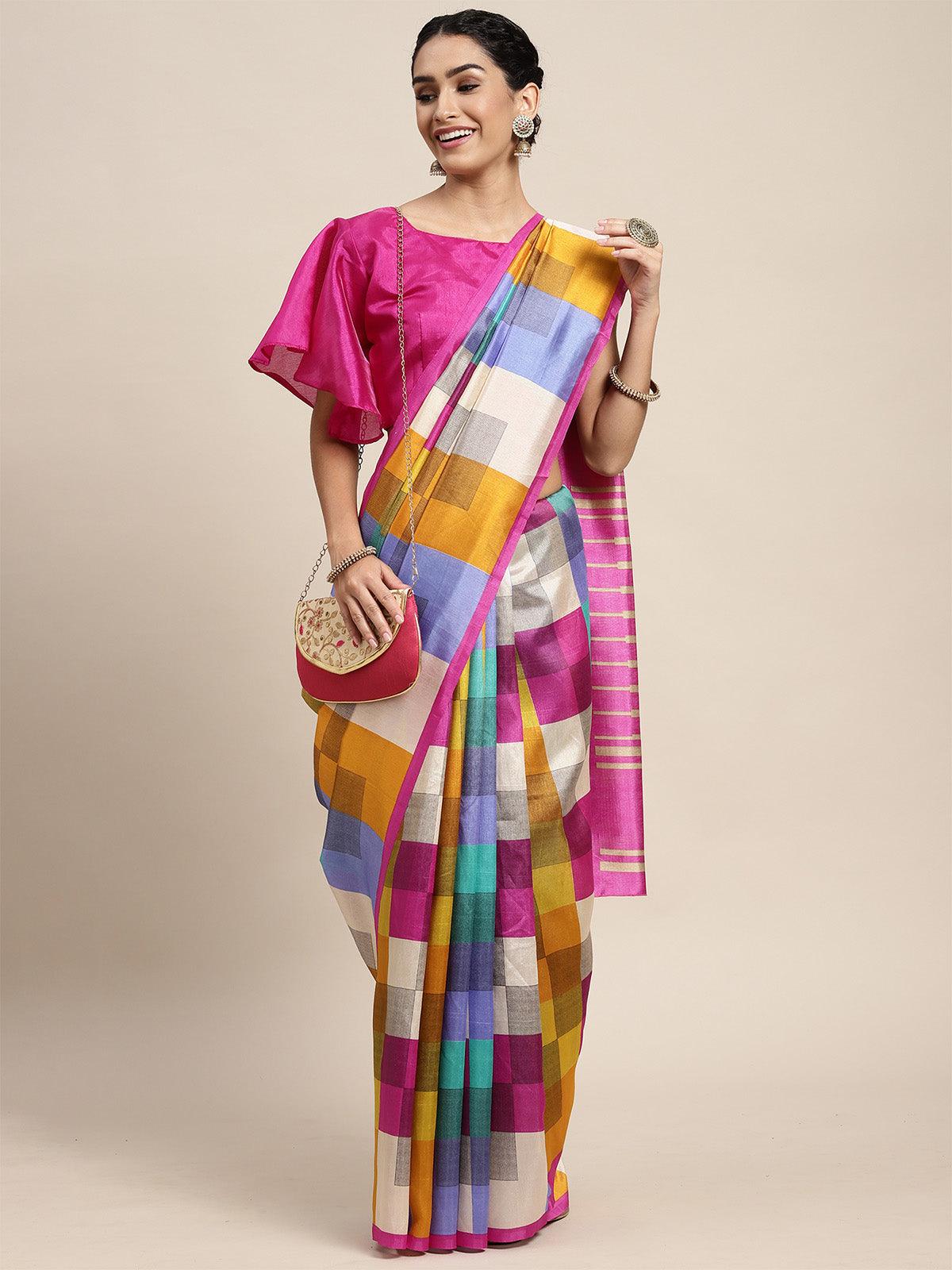Women's Bhagalpuri Silk Multi Colored Printed Saree With Blouse Piece - Odette