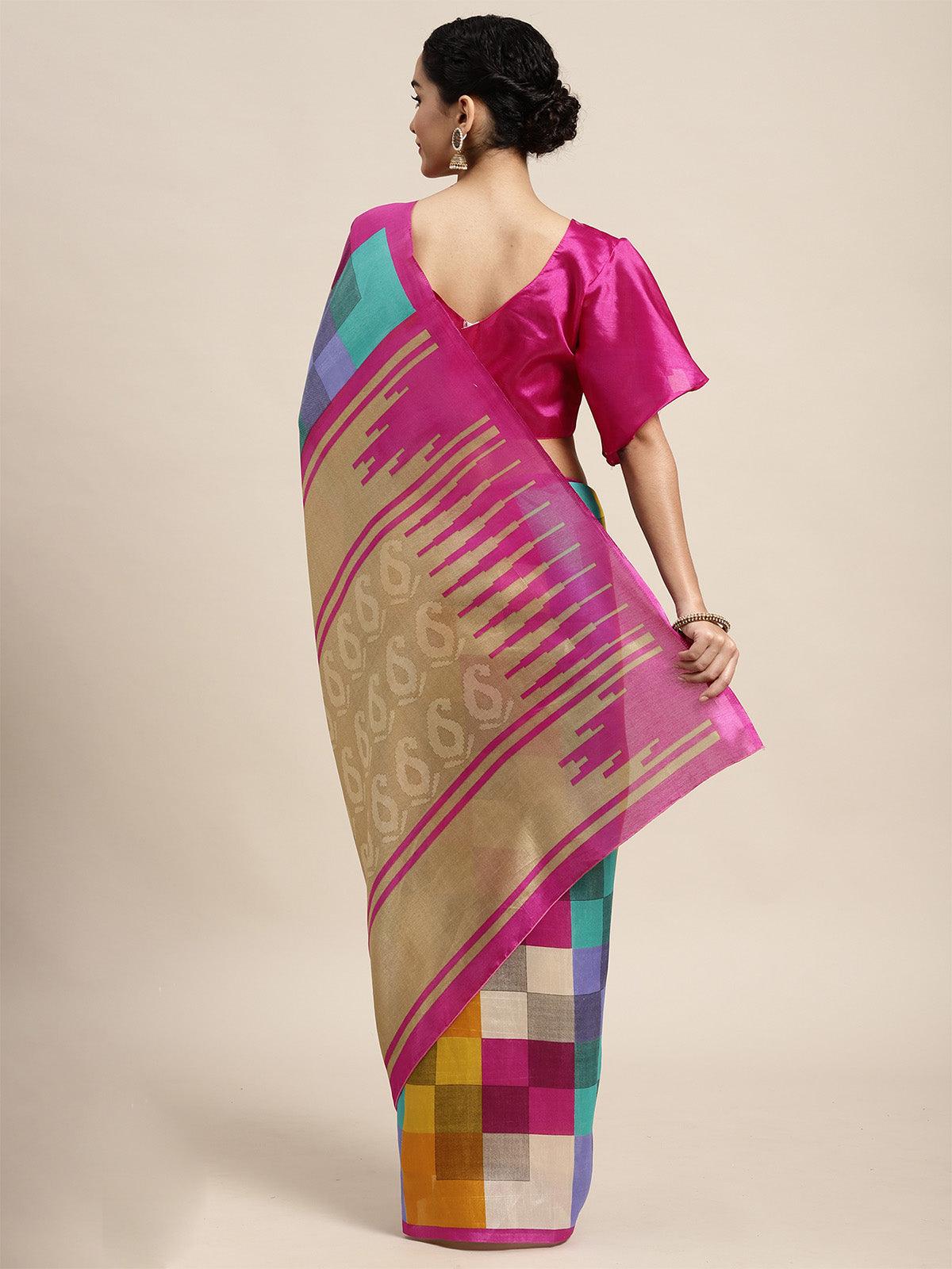 Women's Bhagalpuri Silk Multi Colored Printed Saree With Blouse Piece - Odette