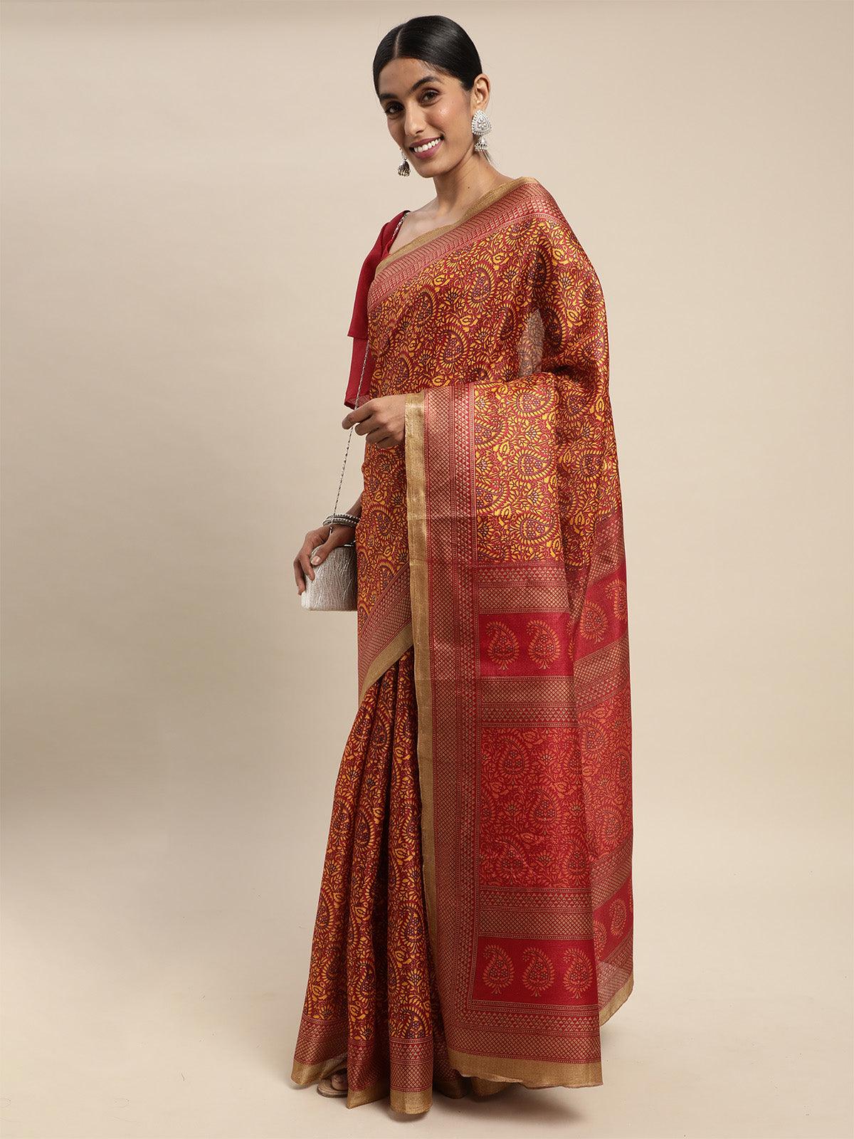 Women's Bhagalpuri Silk Mustard Printed Saree With Blouse Piece - Odette
