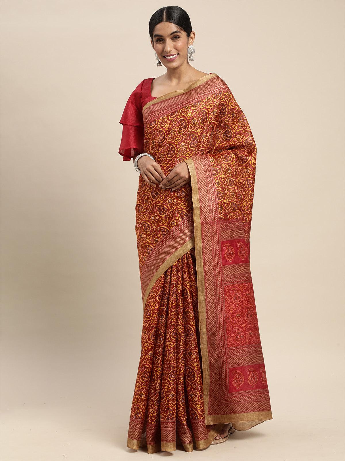 Women's Bhagalpuri Silk Mustard Printed Saree With Blouse Piece - Odette