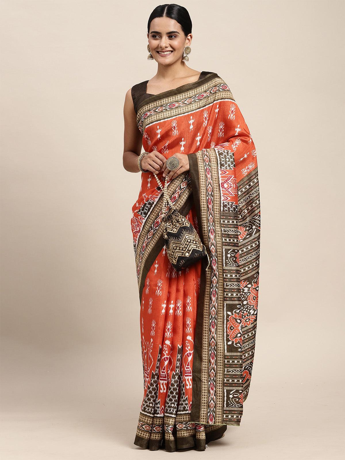 Women's Bhagalpuri Silk Orange Printed Saree With Blouse Piece - Odette
