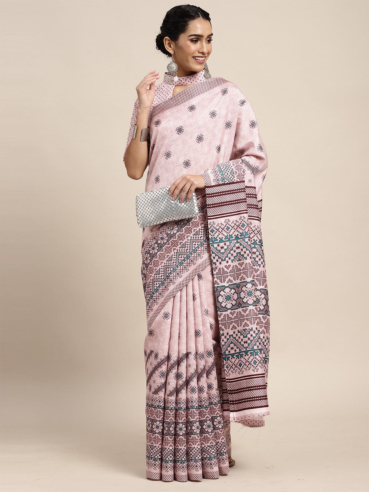 Women's Bhagalpuri Silk Pink Printed Saree With Blouse Piece - Odette