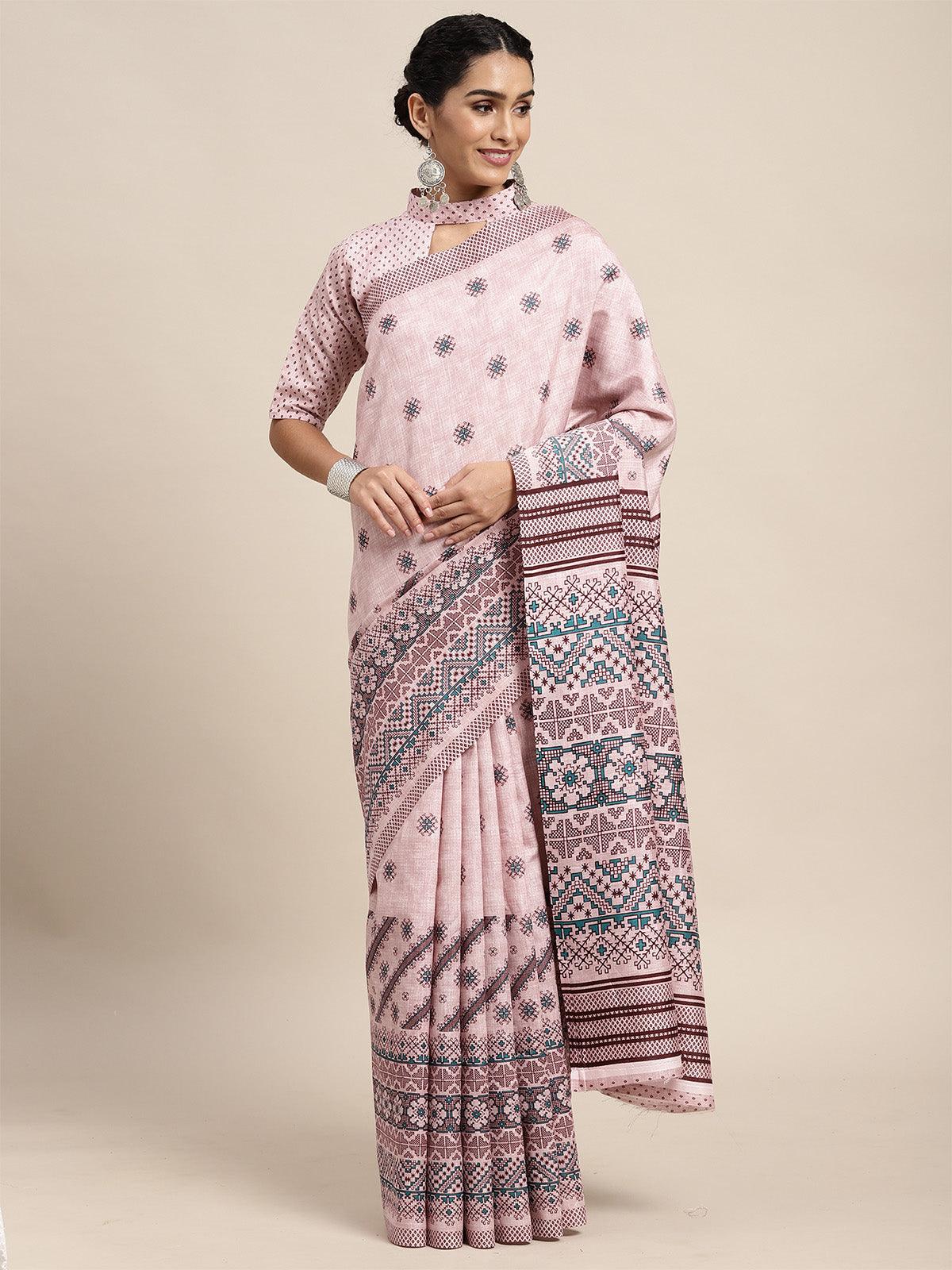 Women's Bhagalpuri Silk Pink Printed Saree With Blouse Piece - Odette
