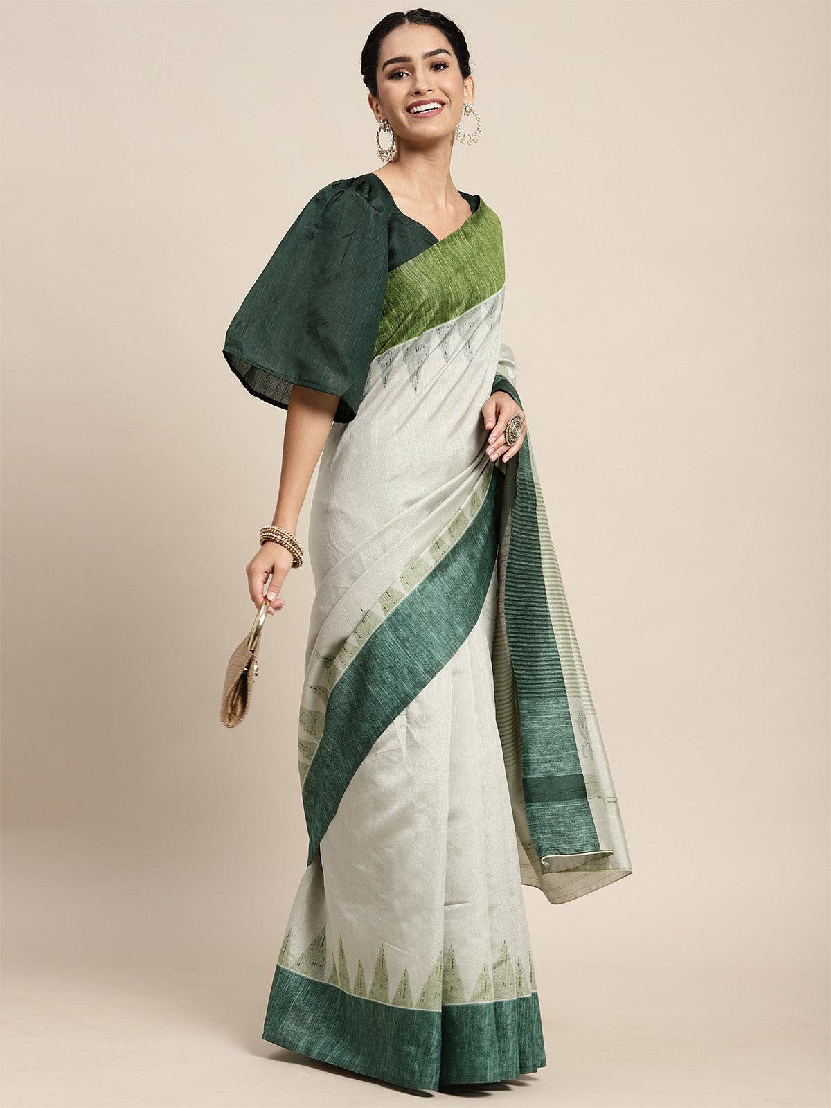 Women's Bhagalpuri Silk Sea Green Printed Saree With Blouse Piece - Odette