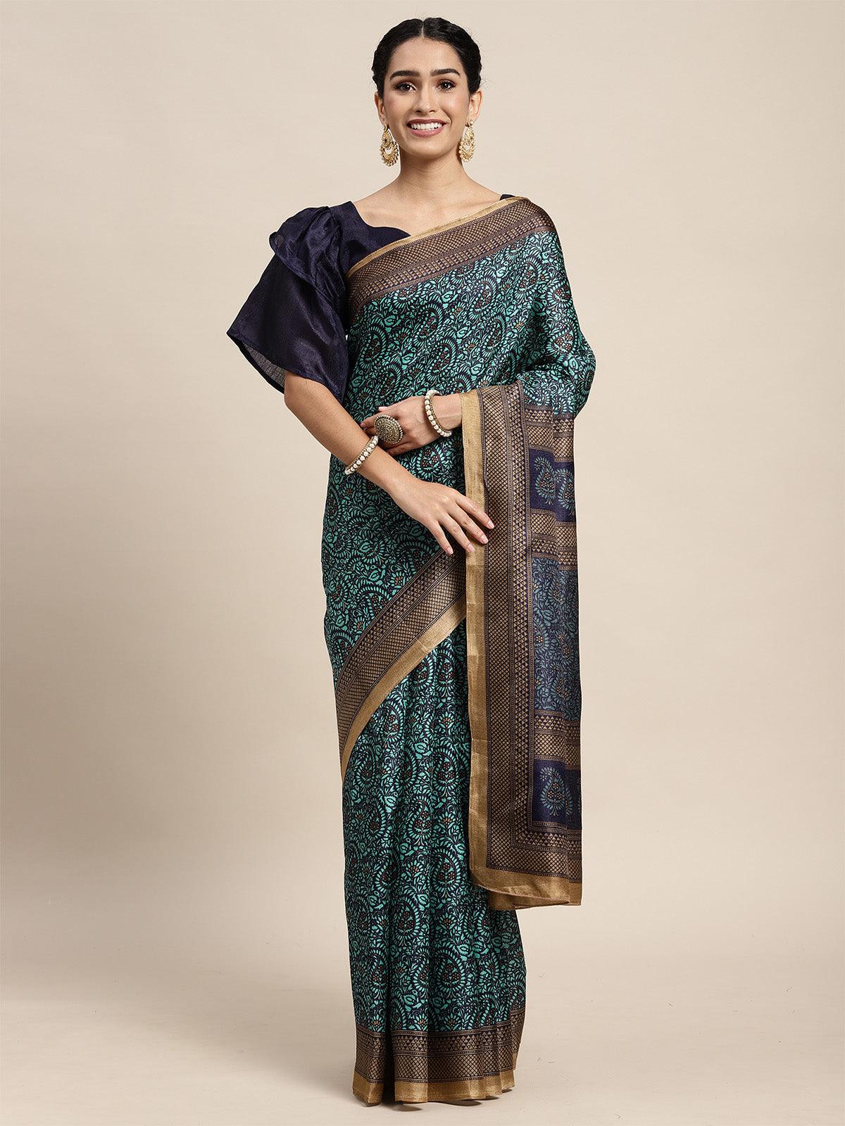Women's Bhagalpuri Silk Teal Green Printed Saree With Blouse Piece - Odette