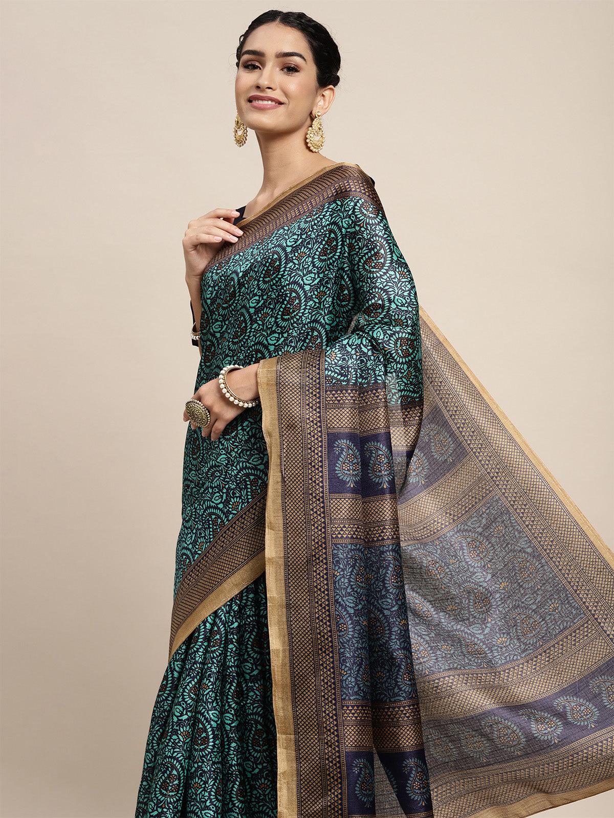 Women's Bhagalpuri Silk Teal Green Printed Saree With Blouse Piece - Odette