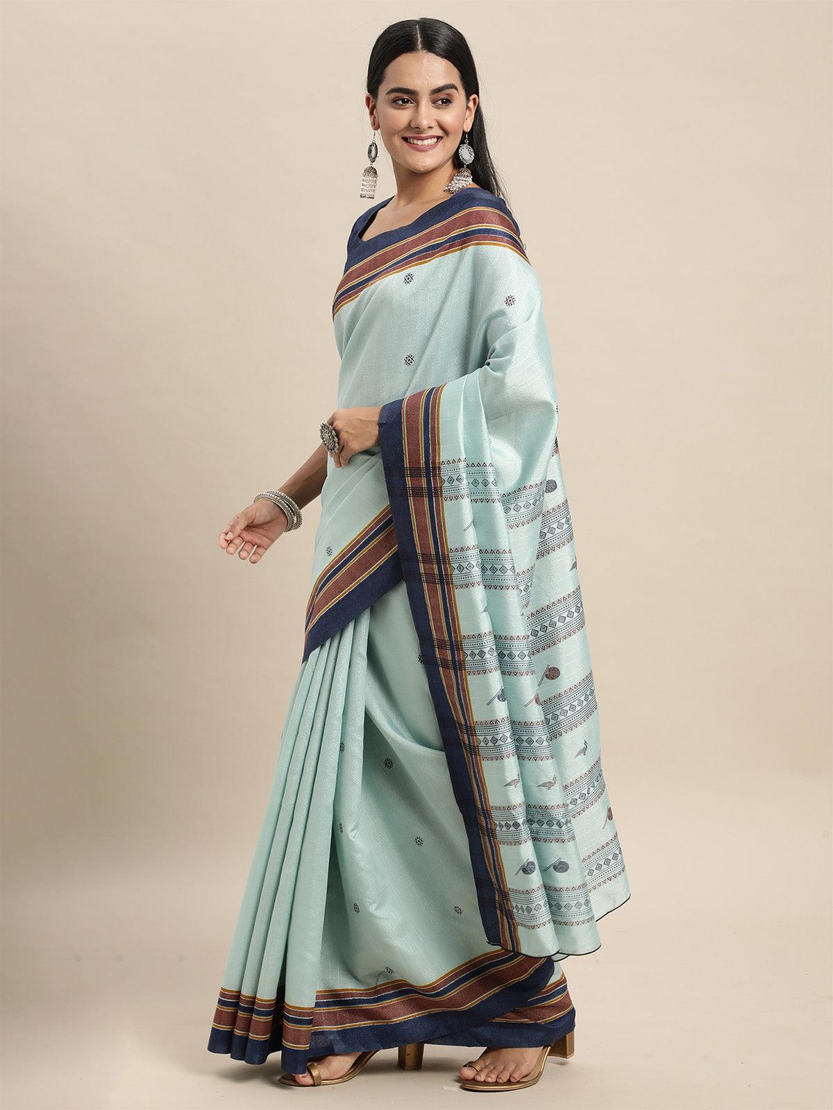 Women's Bhagalpuri Silk Turquoise Printed Saree With Blouse Piece - Odette