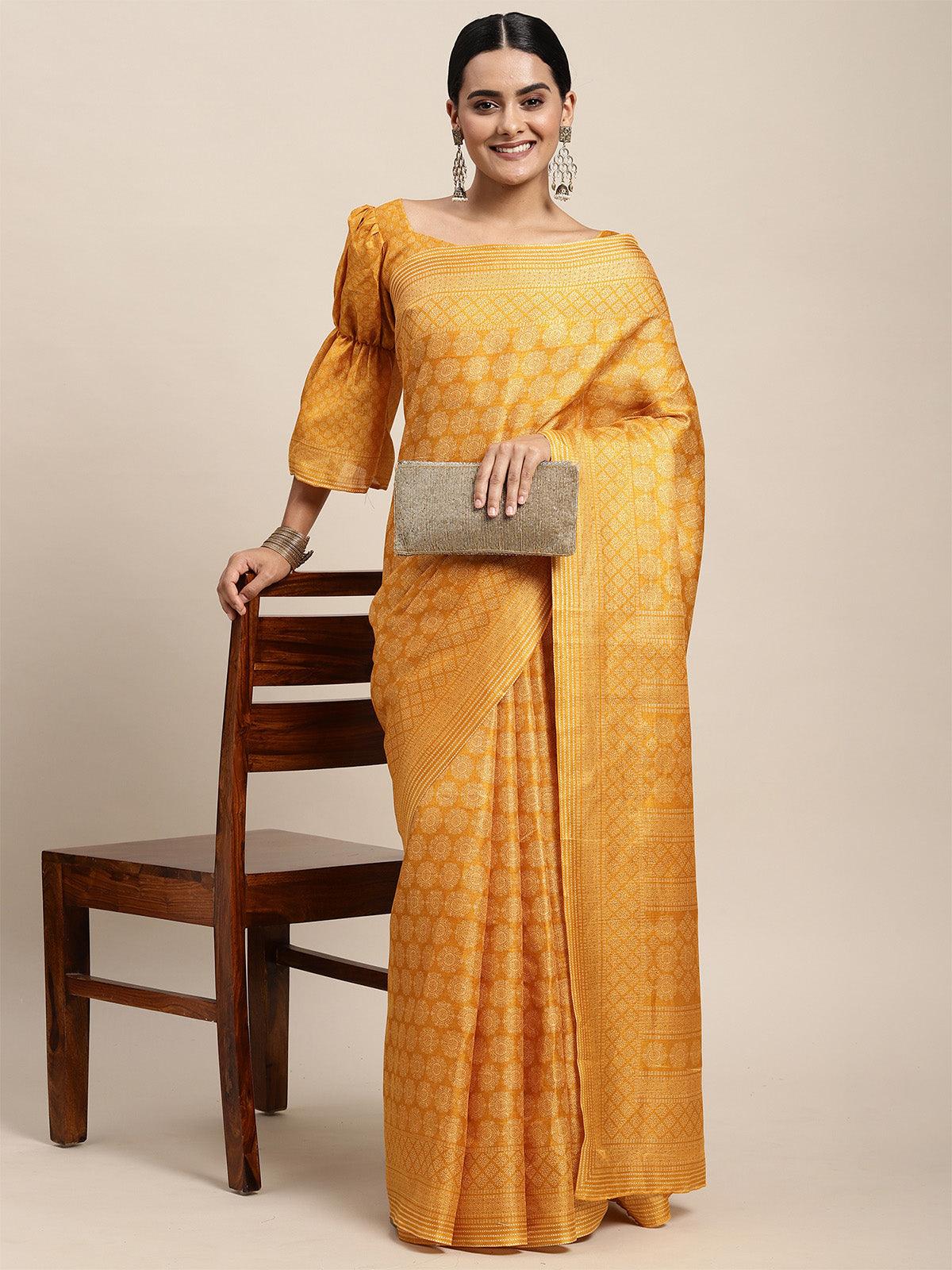 Women's Bhagalpuri Silk Yellow Printed Saree With Blouse Piece - Odette