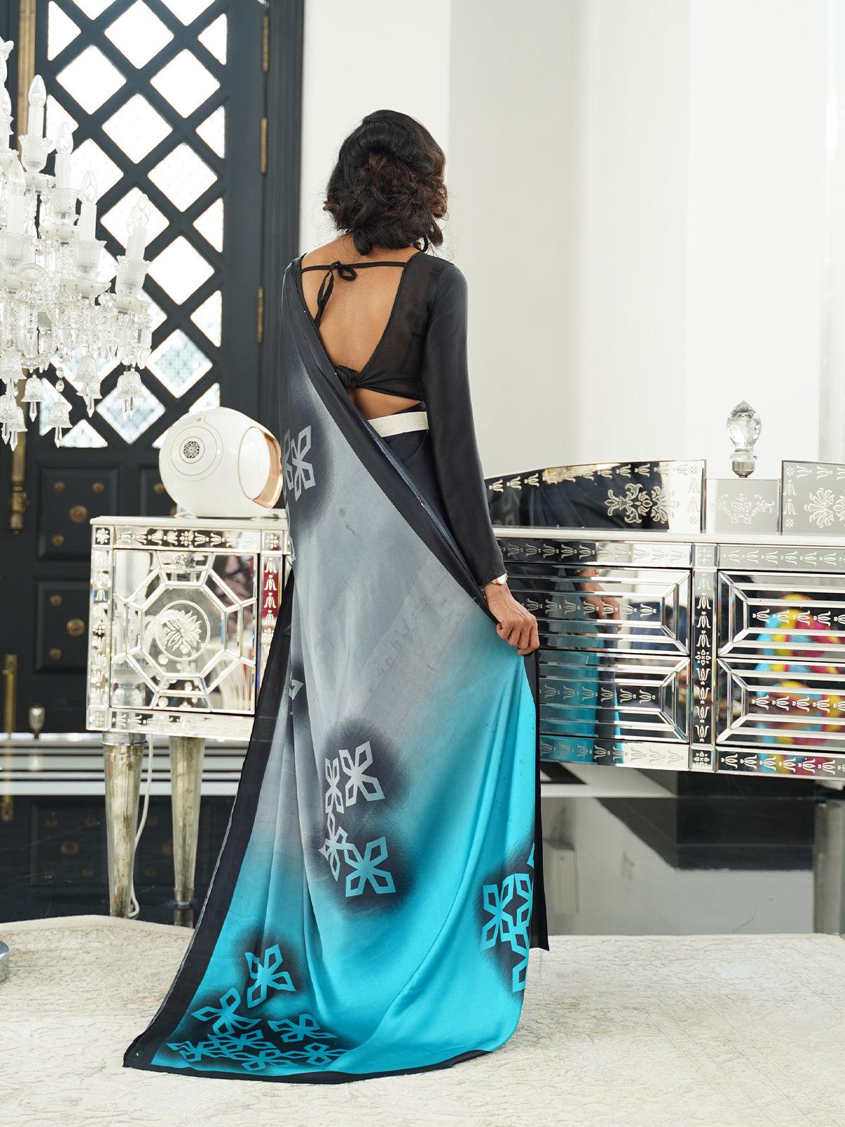 Women's Black & Blue Festive Crepe Printed Saree With Unstitched Blouse - Odette