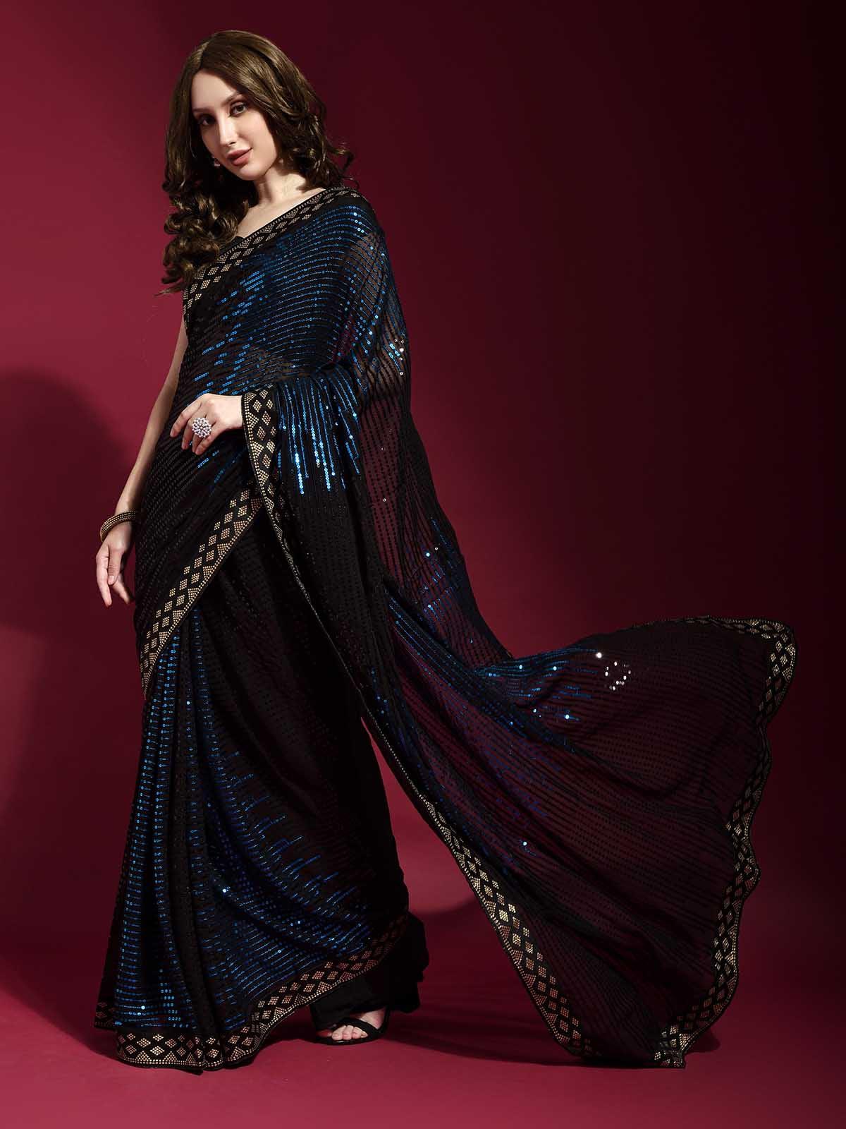 Women's Black And Blue Georgette Sequence Saree With Blouse - Odette