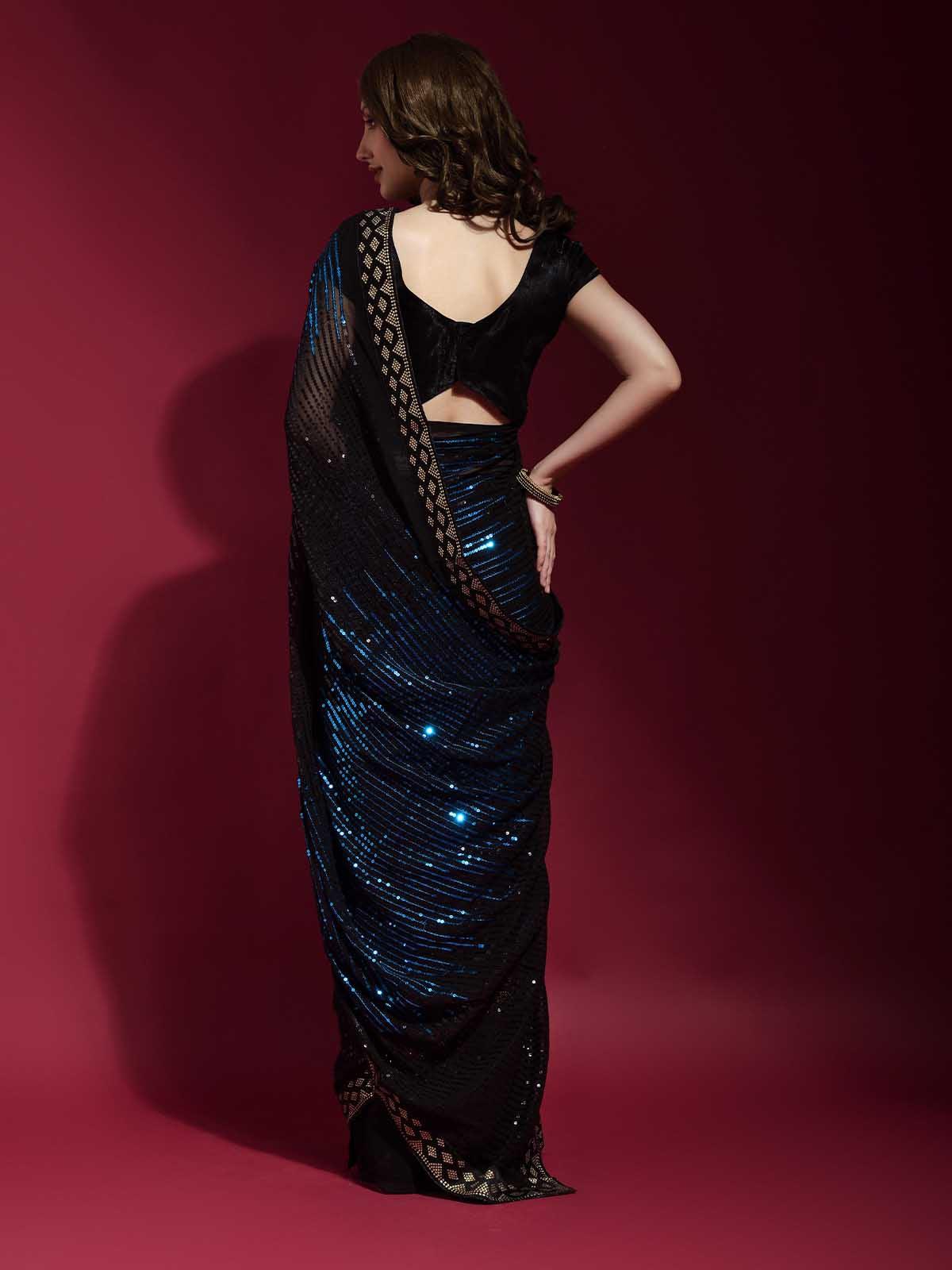 Women's Black And Blue Georgette Sequence Saree With Blouse - Odette