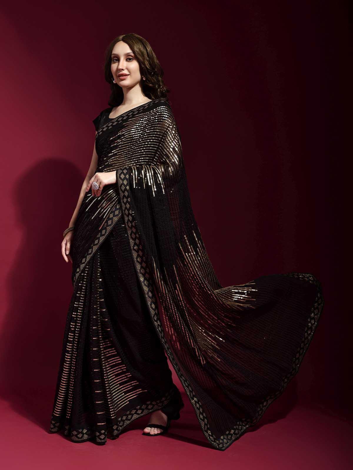 Women's Black And Gold Georgette Sequence Saree With Blouse - Odette