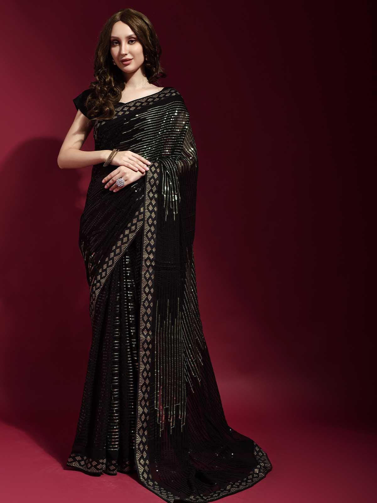 Women's Black And Green Georgette Sequence Saree With Blouse - Odette