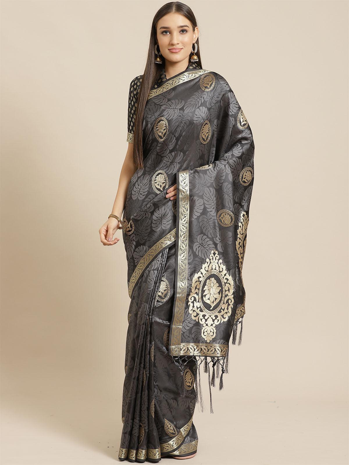 Women's Black & Grey Festive Pure Satin Woven Saree With Unstitched Blouse - Odette