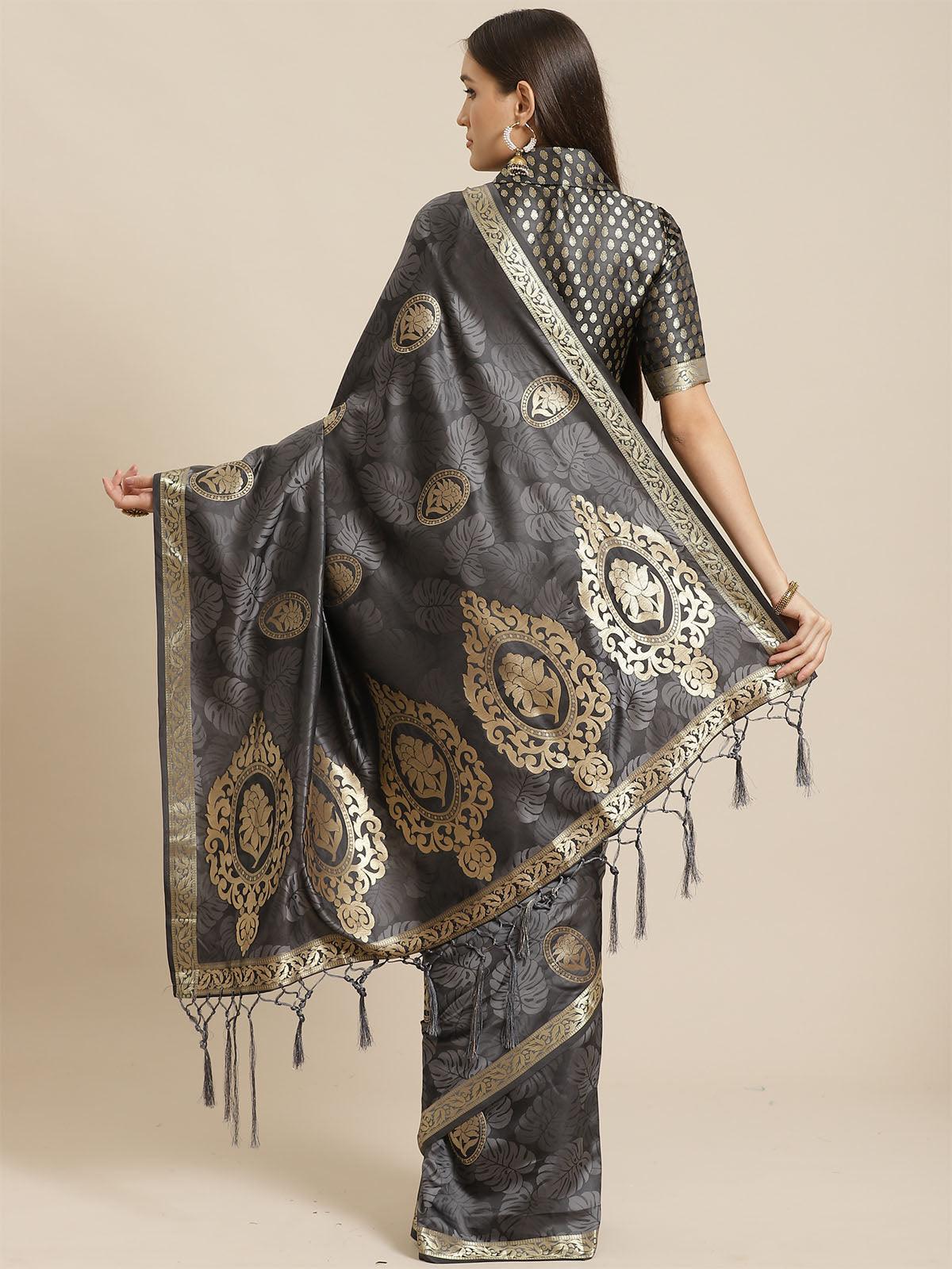 Women's Black & Grey Festive Pure Satin Woven Saree With Unstitched Blouse - Odette