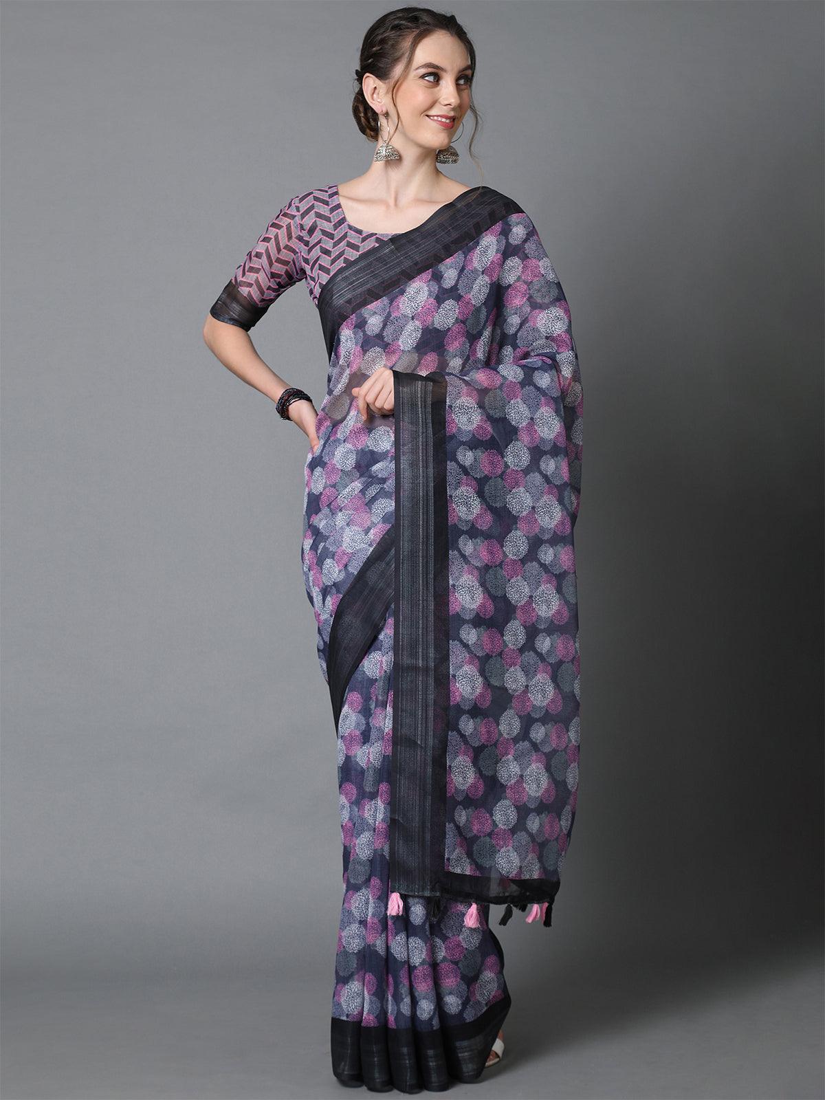 Women's Black & Pink Casual Linen Printed Saree With Unstitched Blouse - Odette