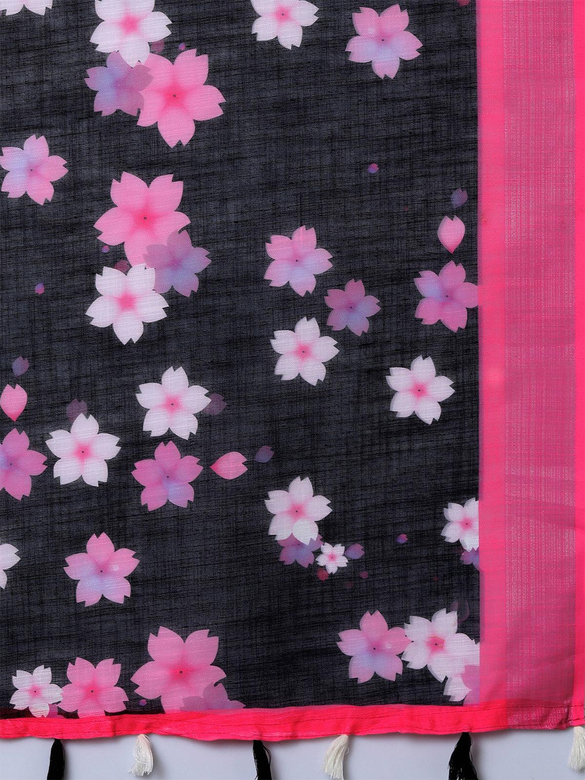 Women's Black & Pink Casual Linen Printed Saree With Unstitched Blouse - Odette