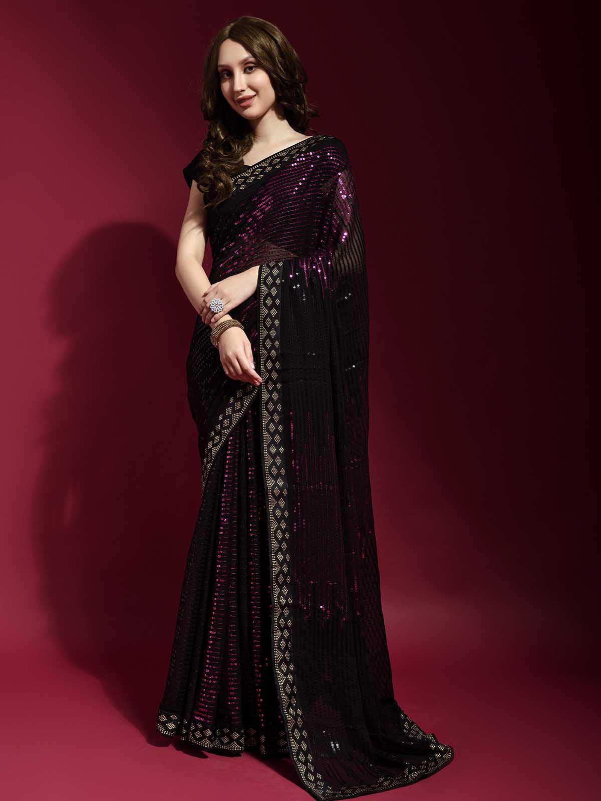 Women's Black And Pink Georgette Sequence Saree With Blouse - Odette
