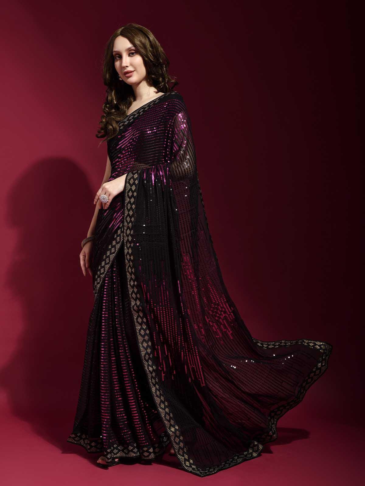 Women's Black And Pink Georgette Sequence Saree With Blouse - Odette