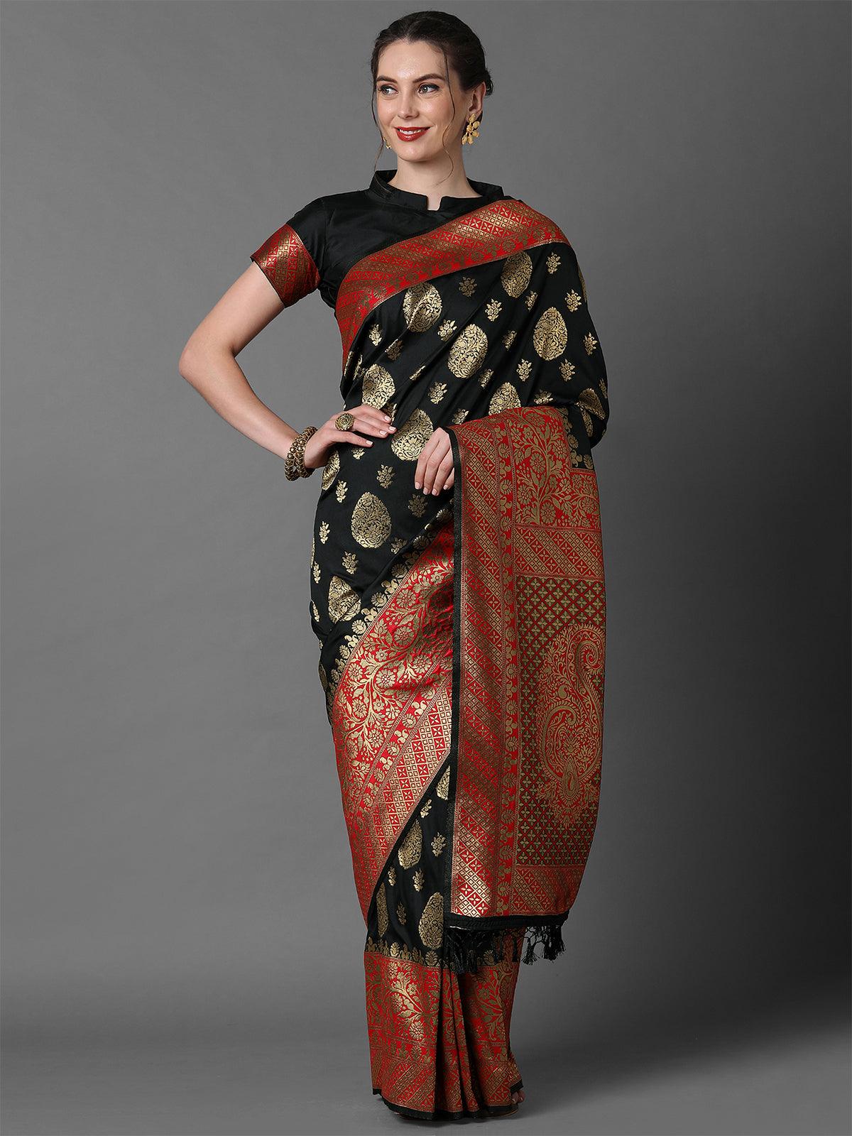 Women's Black & Red Festive Silk Blend Woven Design Saree With Unstitched Blouse - Odette