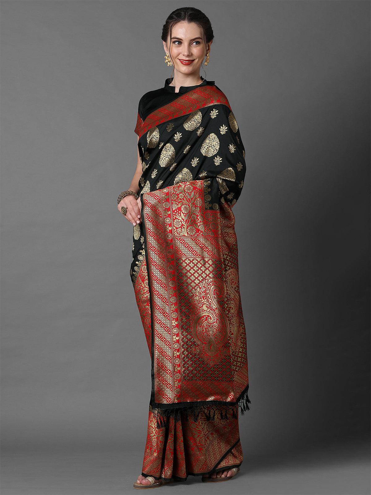 Women's Black & Red Festive Silk Blend Woven Design Saree With Unstitched Blouse - Odette