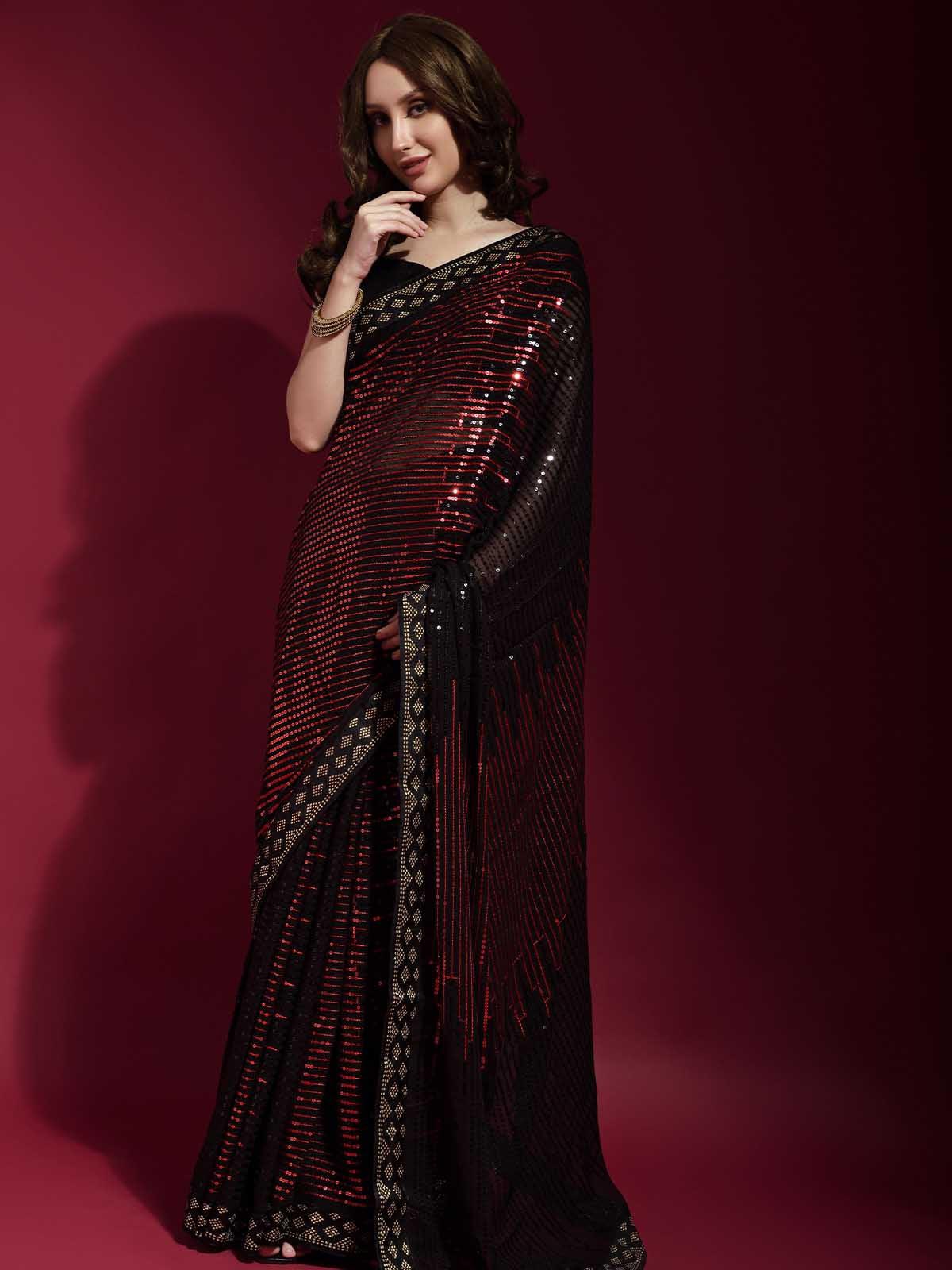 Women's Black And Red Georgette Sequence Saree With Blouse - Odette