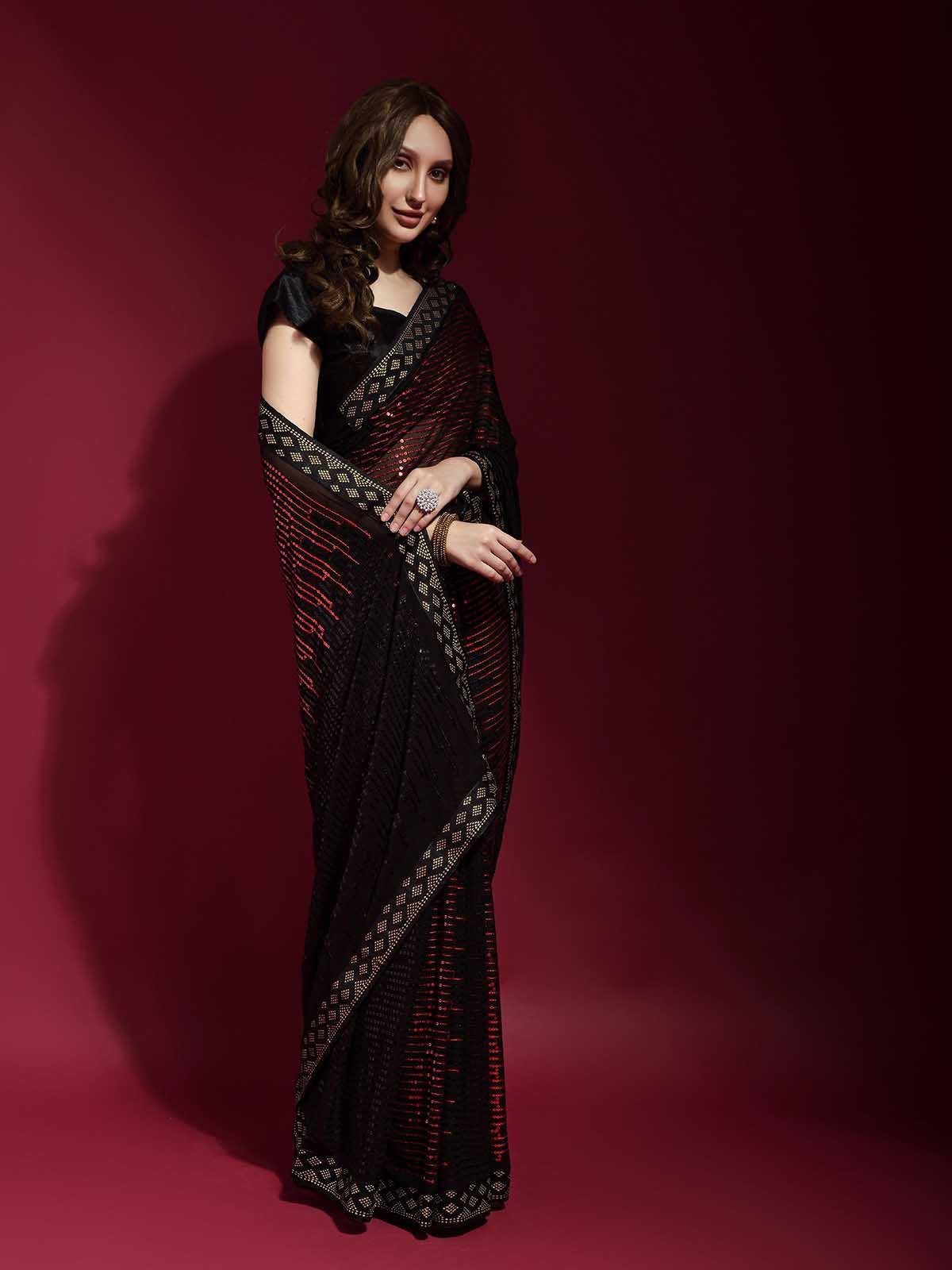 Women's Black And Red Georgette Sequence Saree With Blouse - Odette