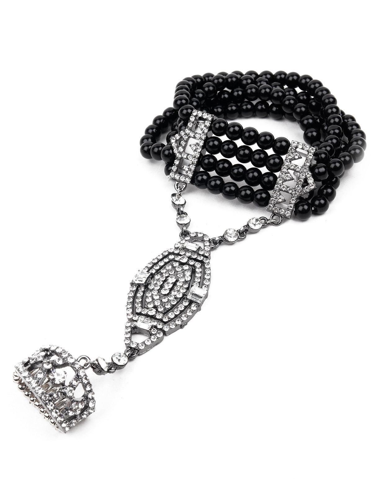 Women's Black Artificial Beads Embellished Bracelet Ring - Odette