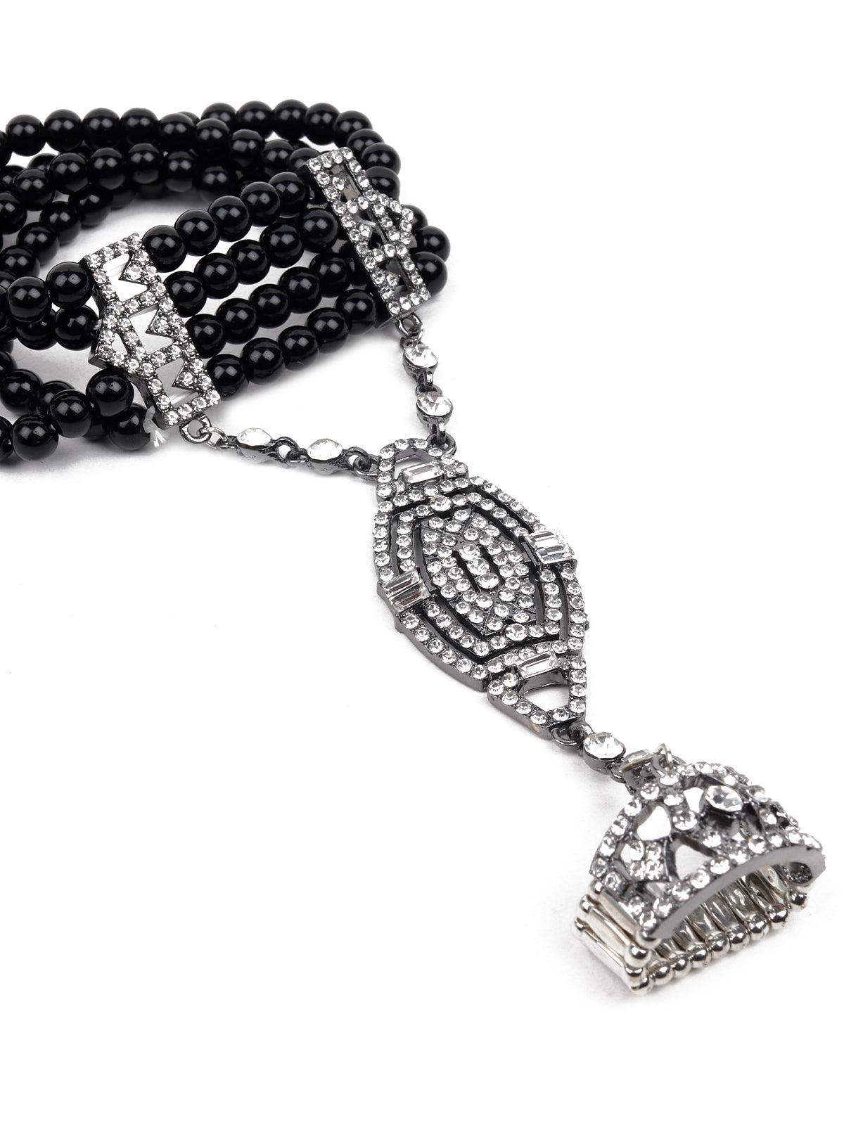 Women's Black Artificial Beads Embellished Bracelet Ring - Odette