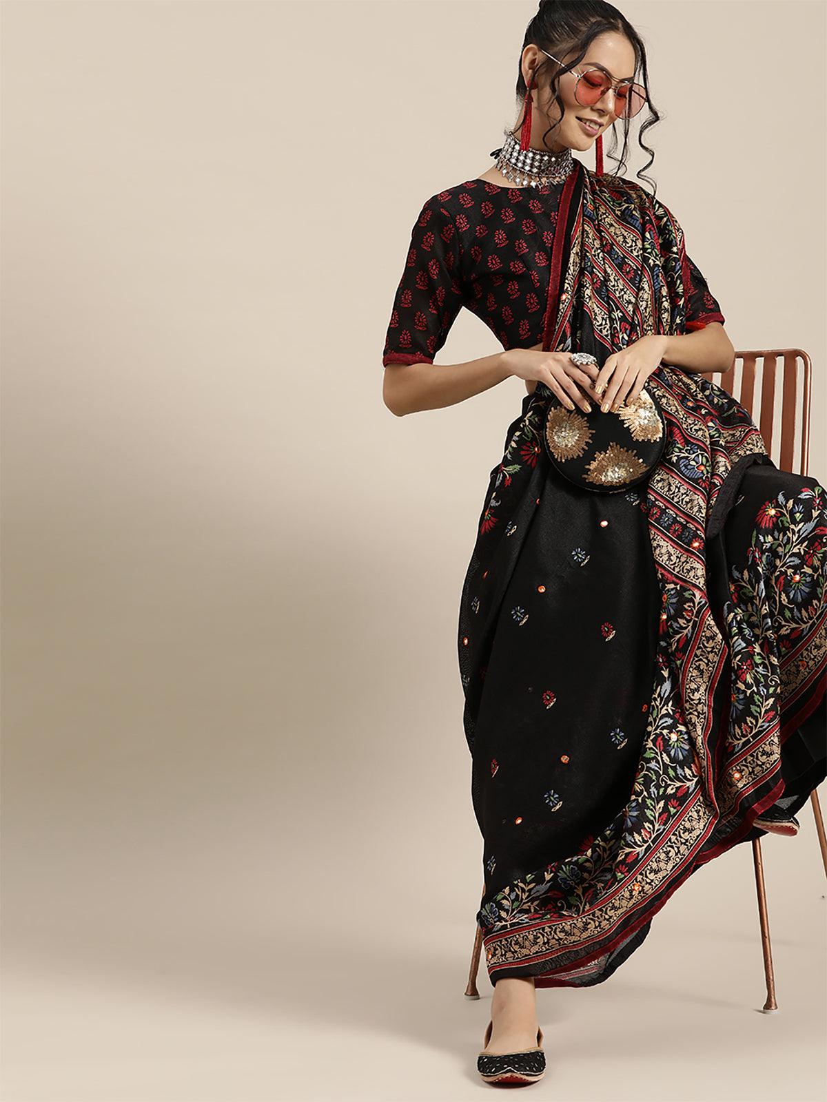 Women's Black Casual Jute Silk Printed Saree With Unstitched Blouse - Odette
