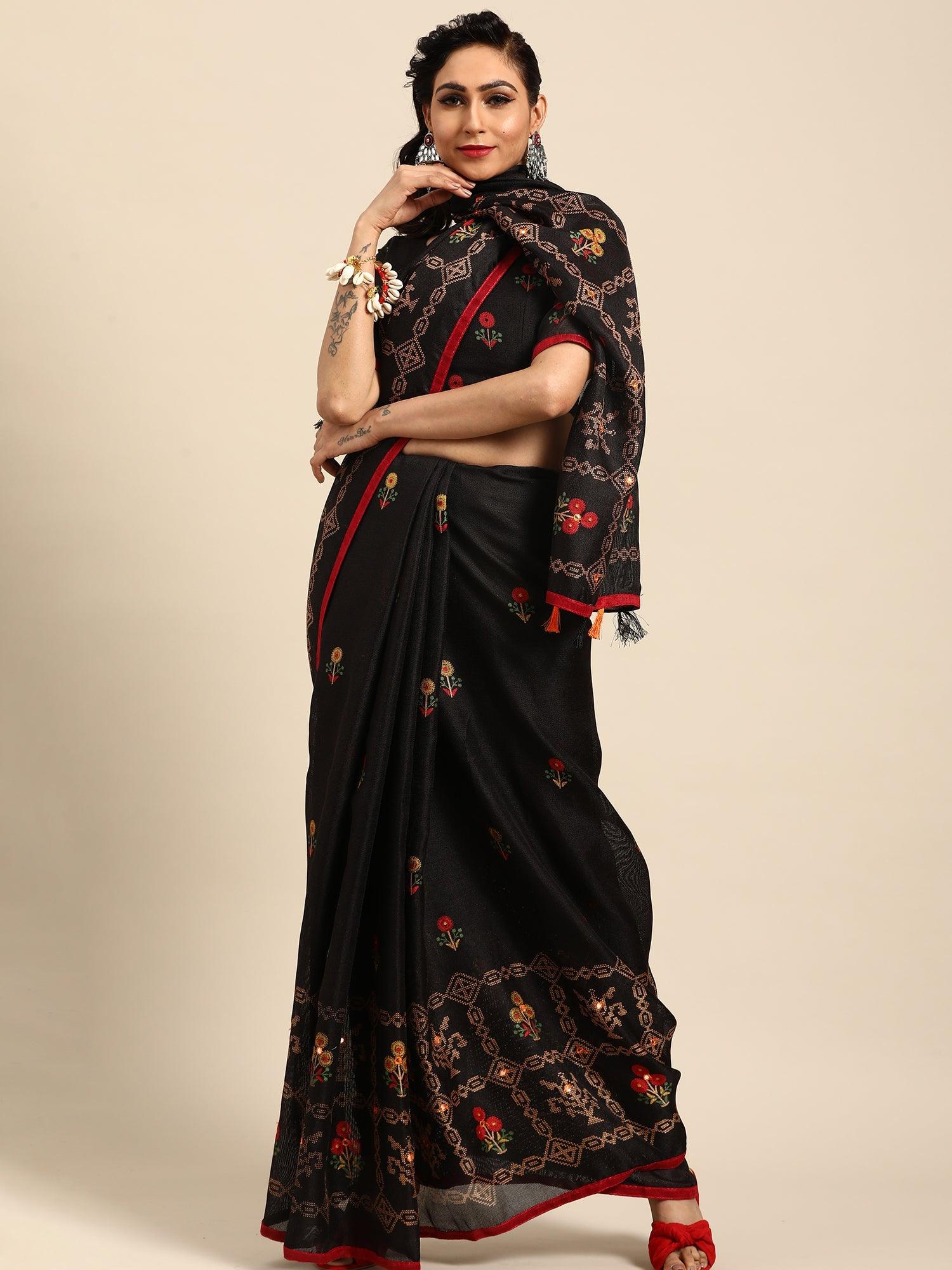 Women's Black Casual Jute Silk Printed Saree With Unstitched Blouse - Odette
